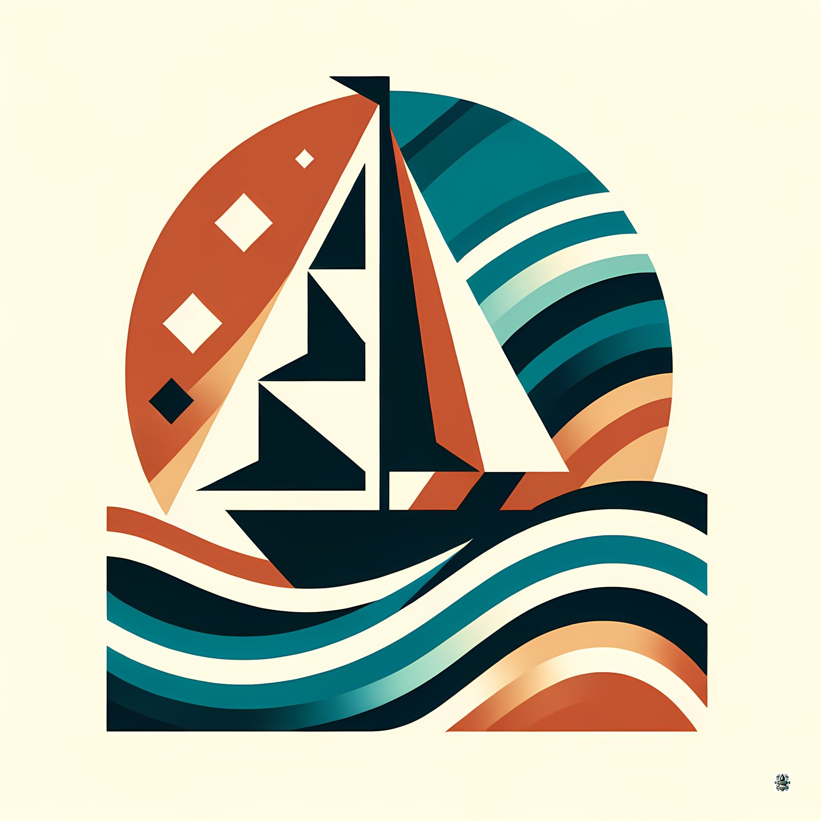 Retro Geometric Sailboat on Teal Waves Sunset