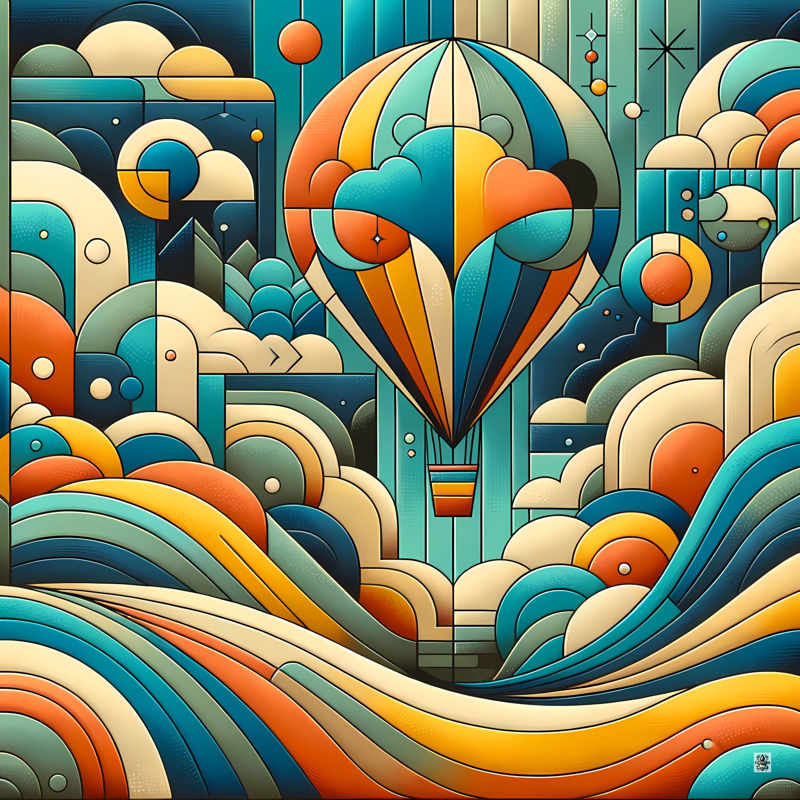Geometric Hot Air Balloon Over Abstract Clouds