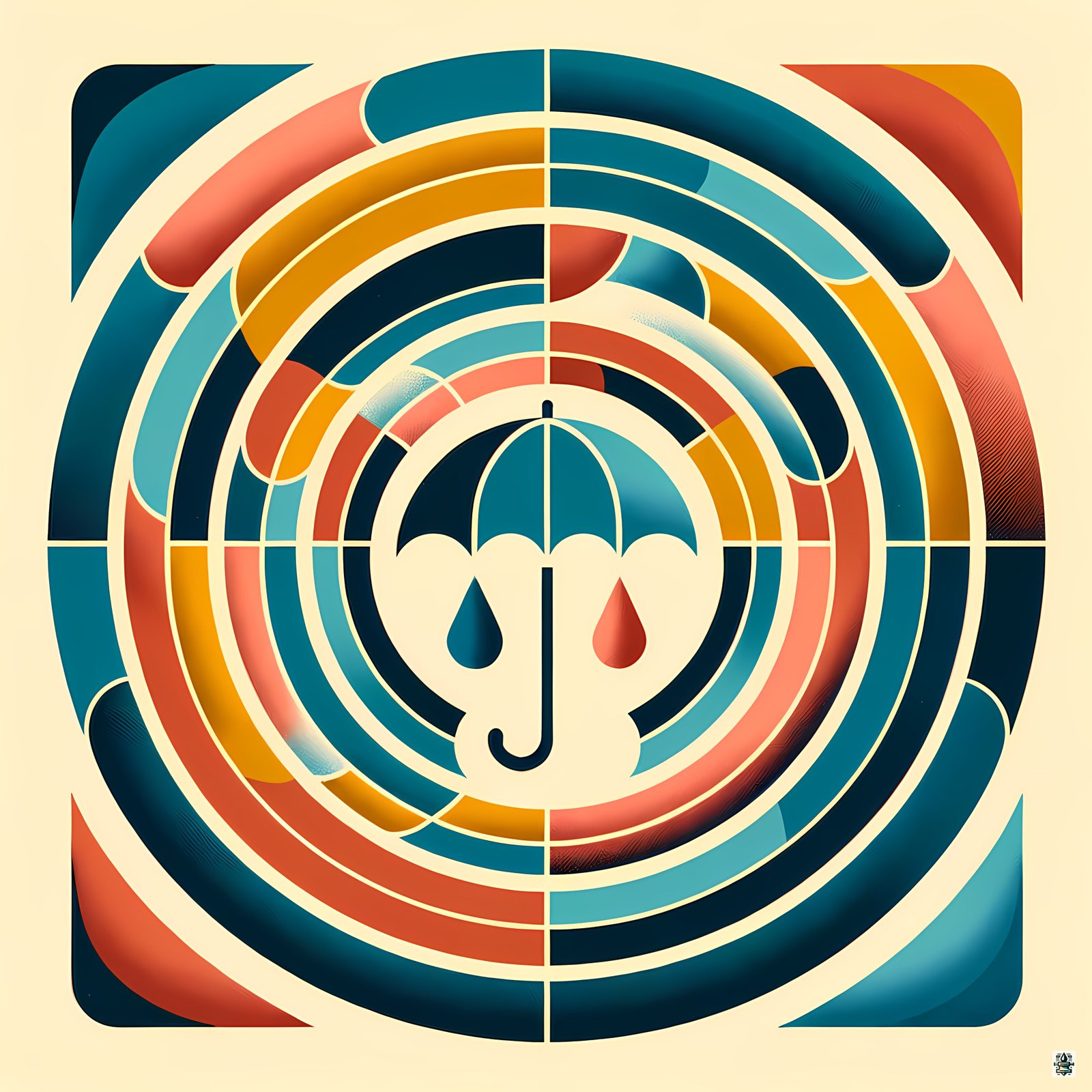 Retro Umbrella Geometric Art in Teal and Orange