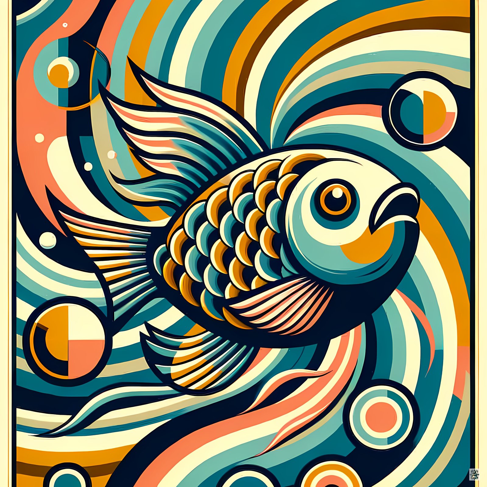 Retro Koi Fish in Swirling Waves