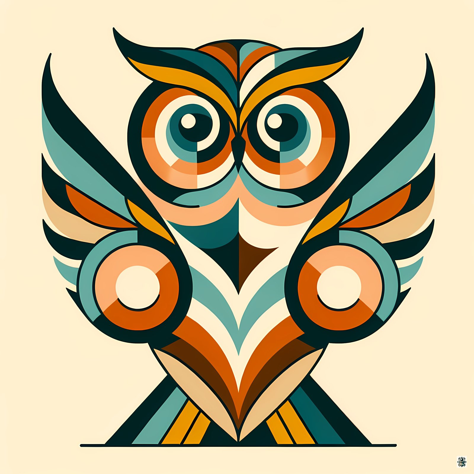 Retro Geometric Owl Illustration in Teal and Orange