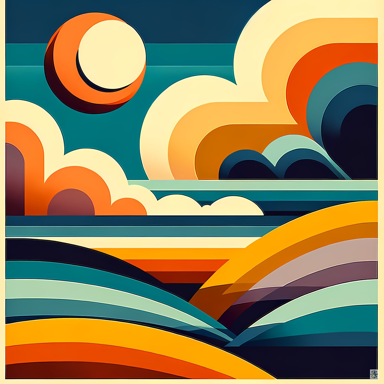 Geometric Sun Over Layered Hills Abstract Landscape