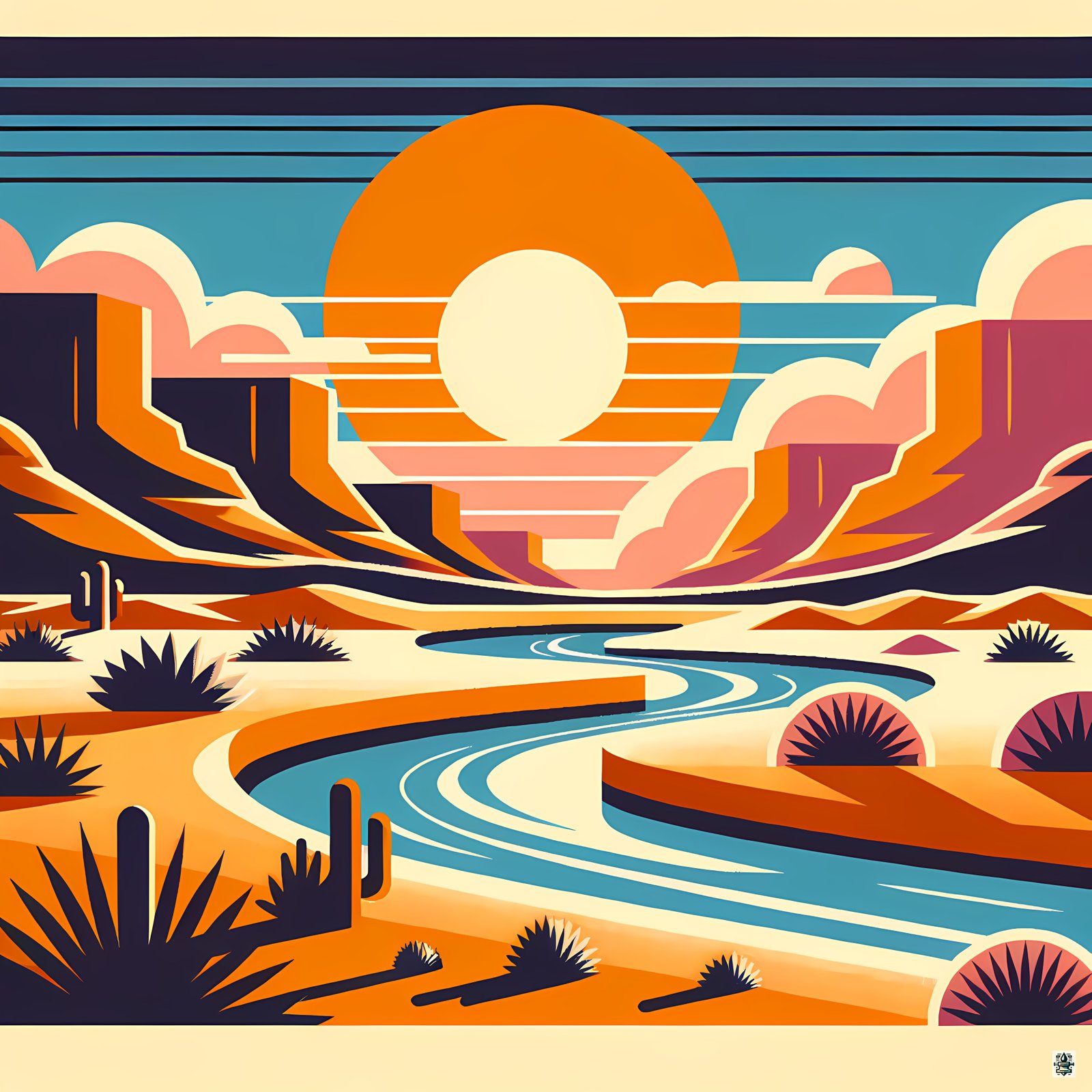 Geometric Desert Sunset with River and Canyons