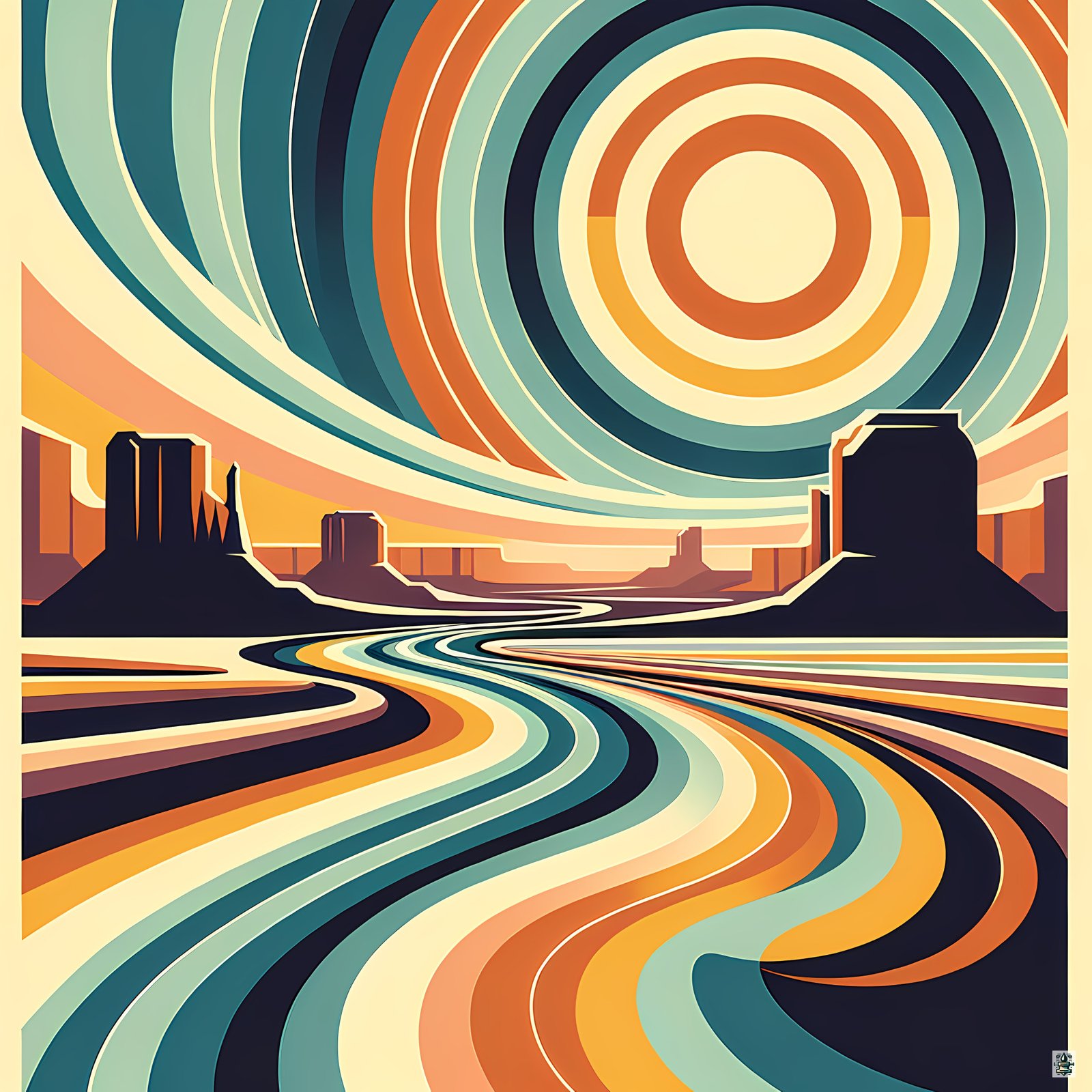 Abstract Desert River Under Concentric Sun