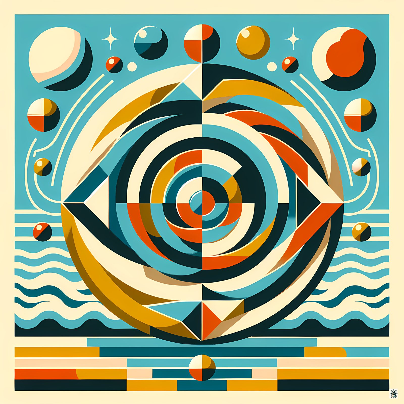 Geometric Spiral Eye in Teal and Ochre