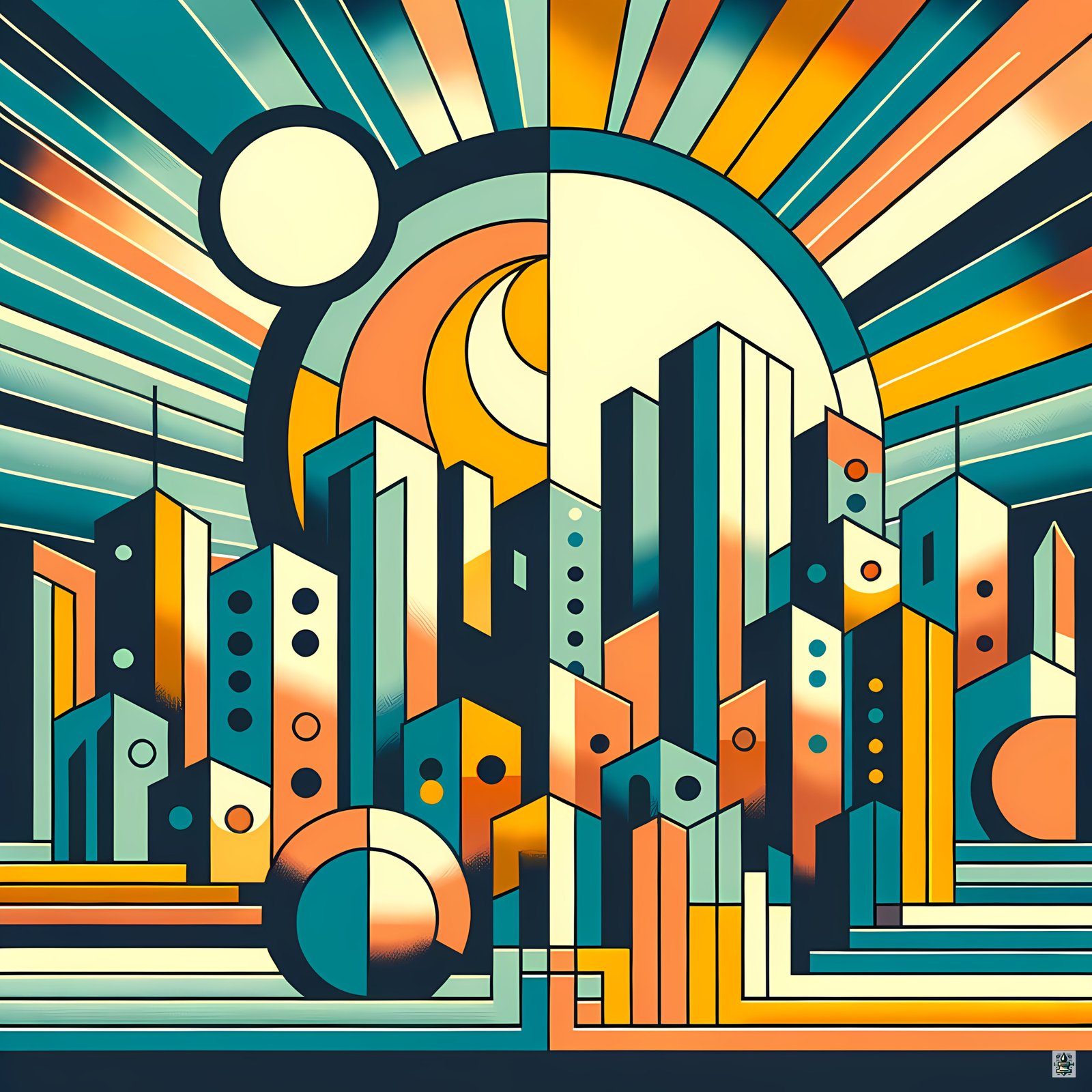 Geometric City Skyline with Sunburst