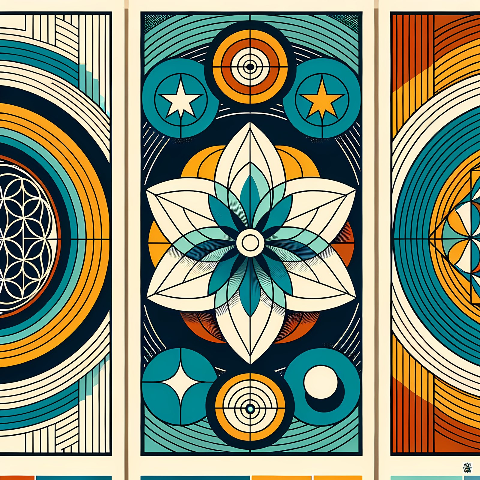 Sacred Geometry Lotus Mandala in Teal and Ochre