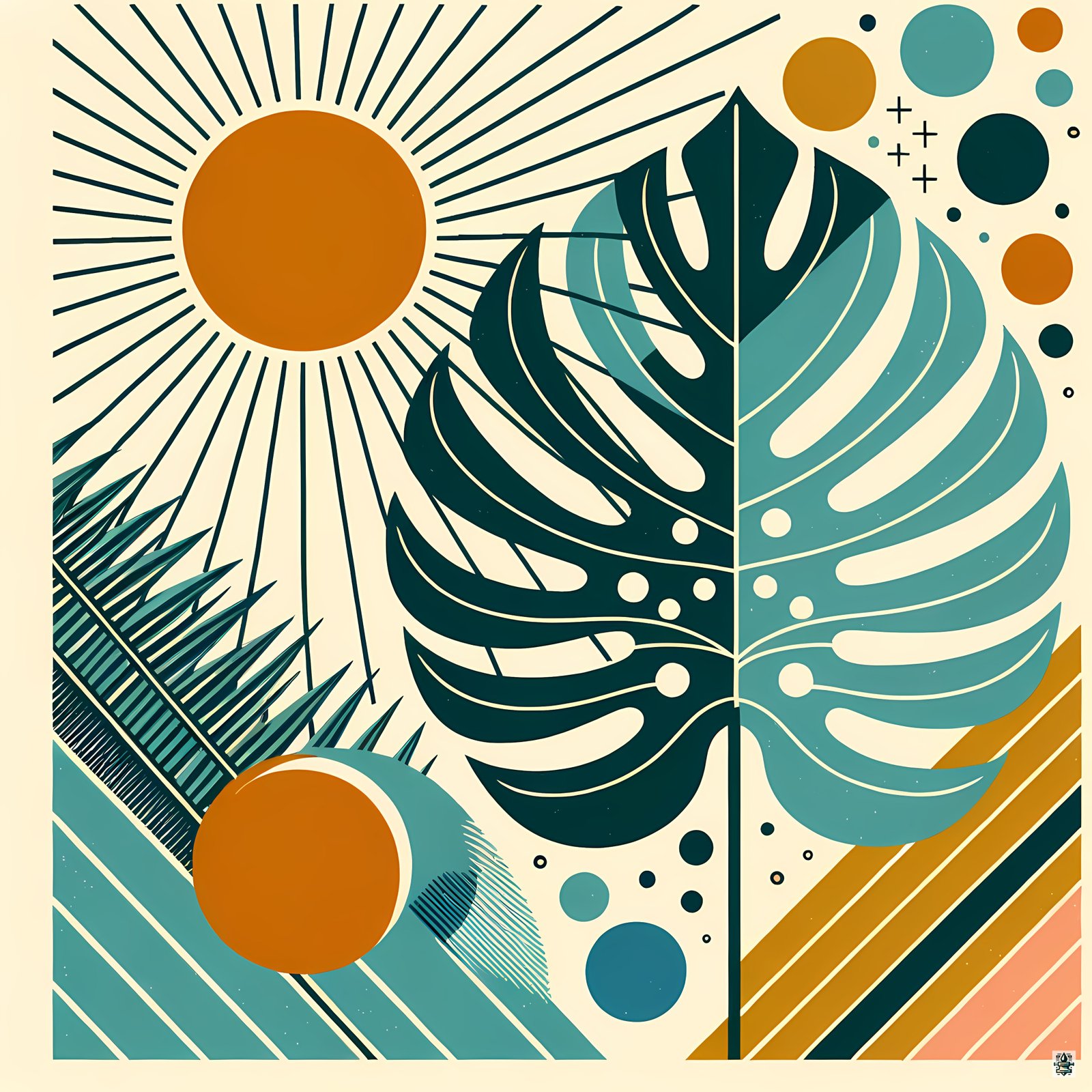 Geometric Monstera Leaves with Sunburst