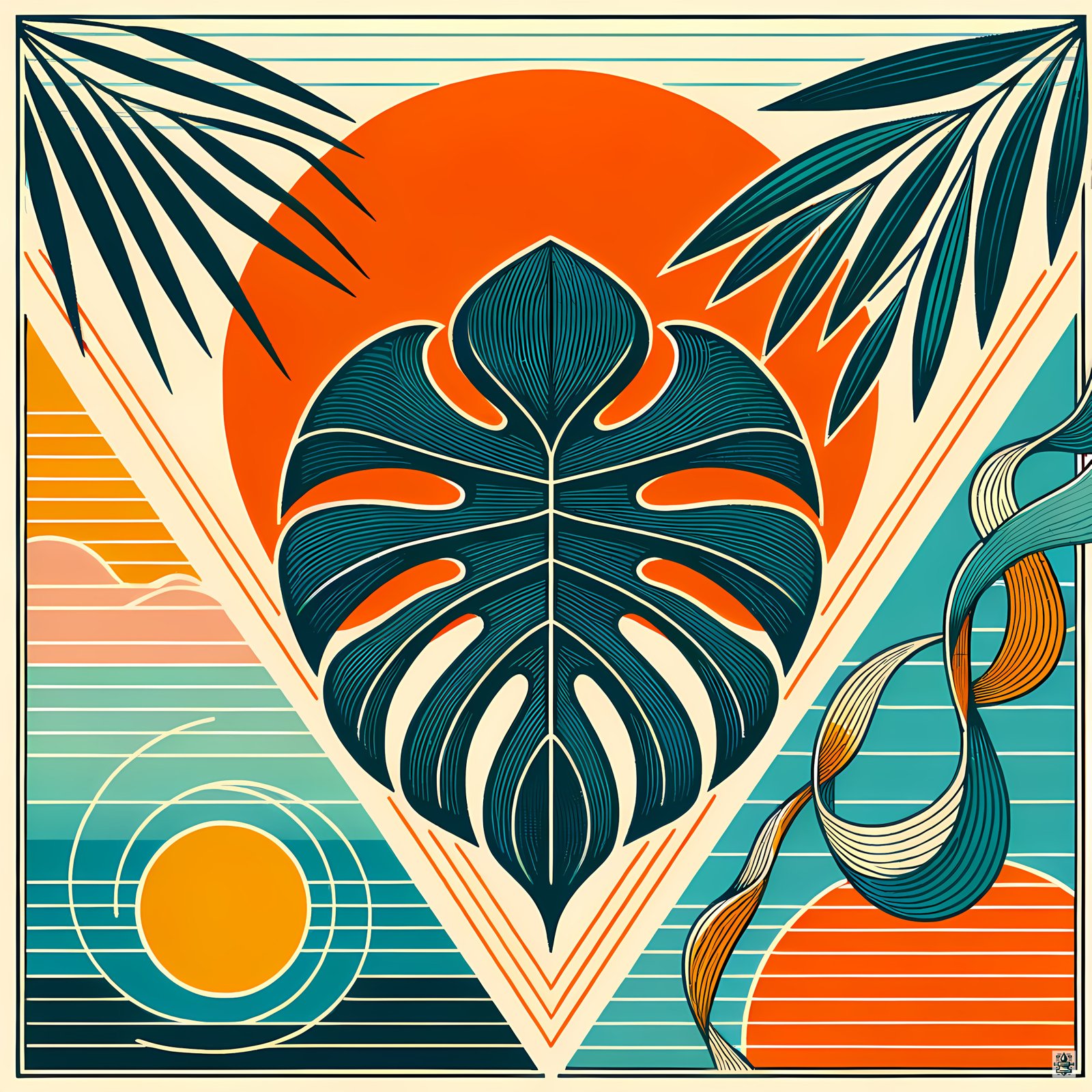 Geometric Monstera Leaf Sunset