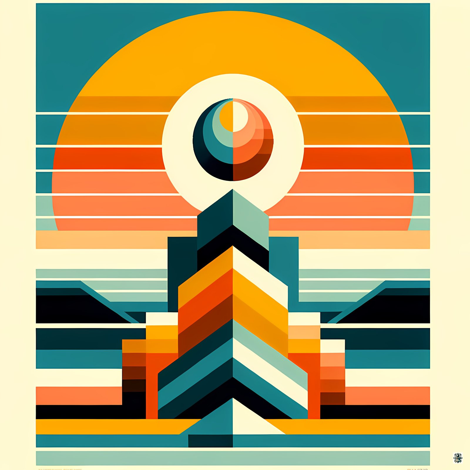 Geometric Sun and Chevron Tower
