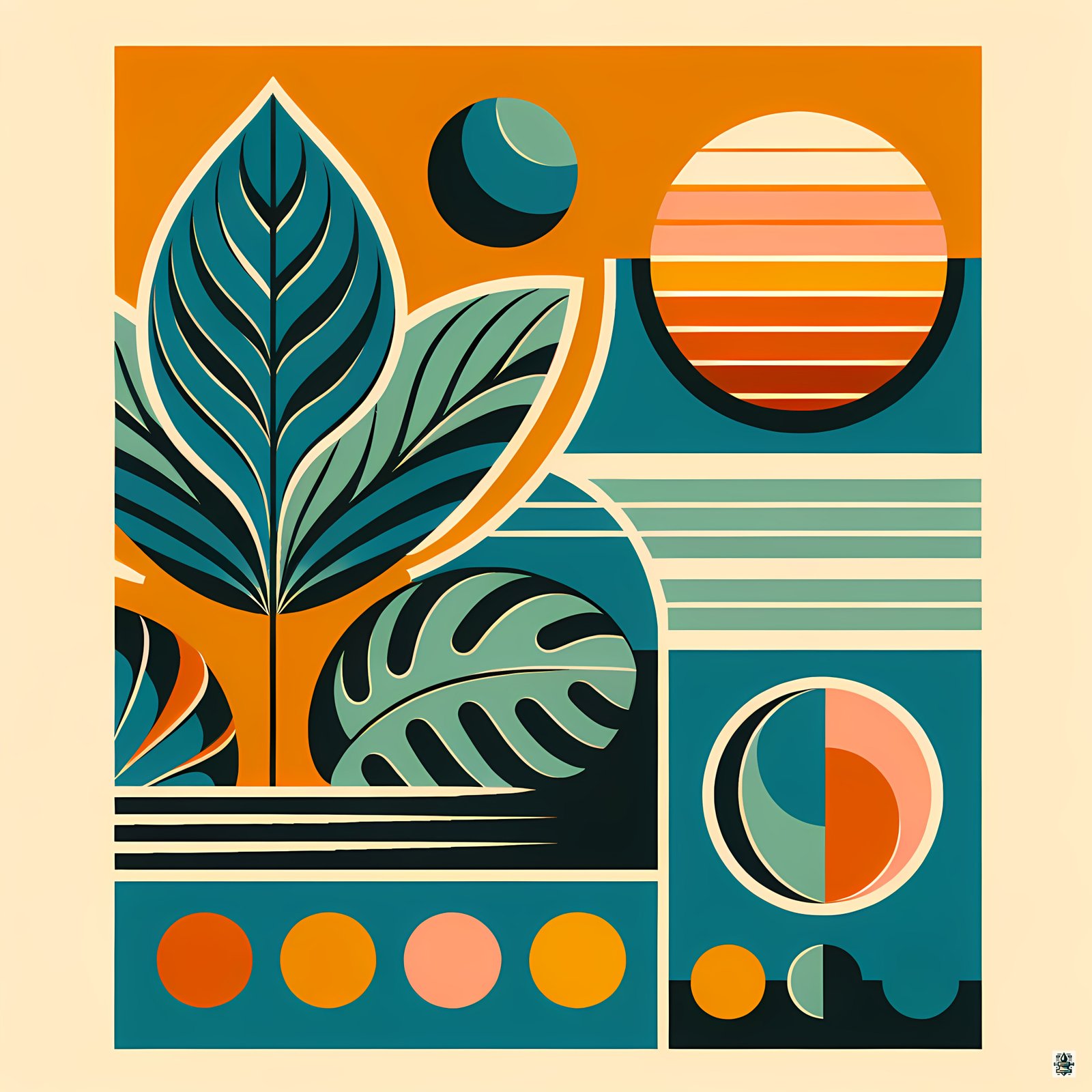Geometric Botanical Leaves in Teal and Orange