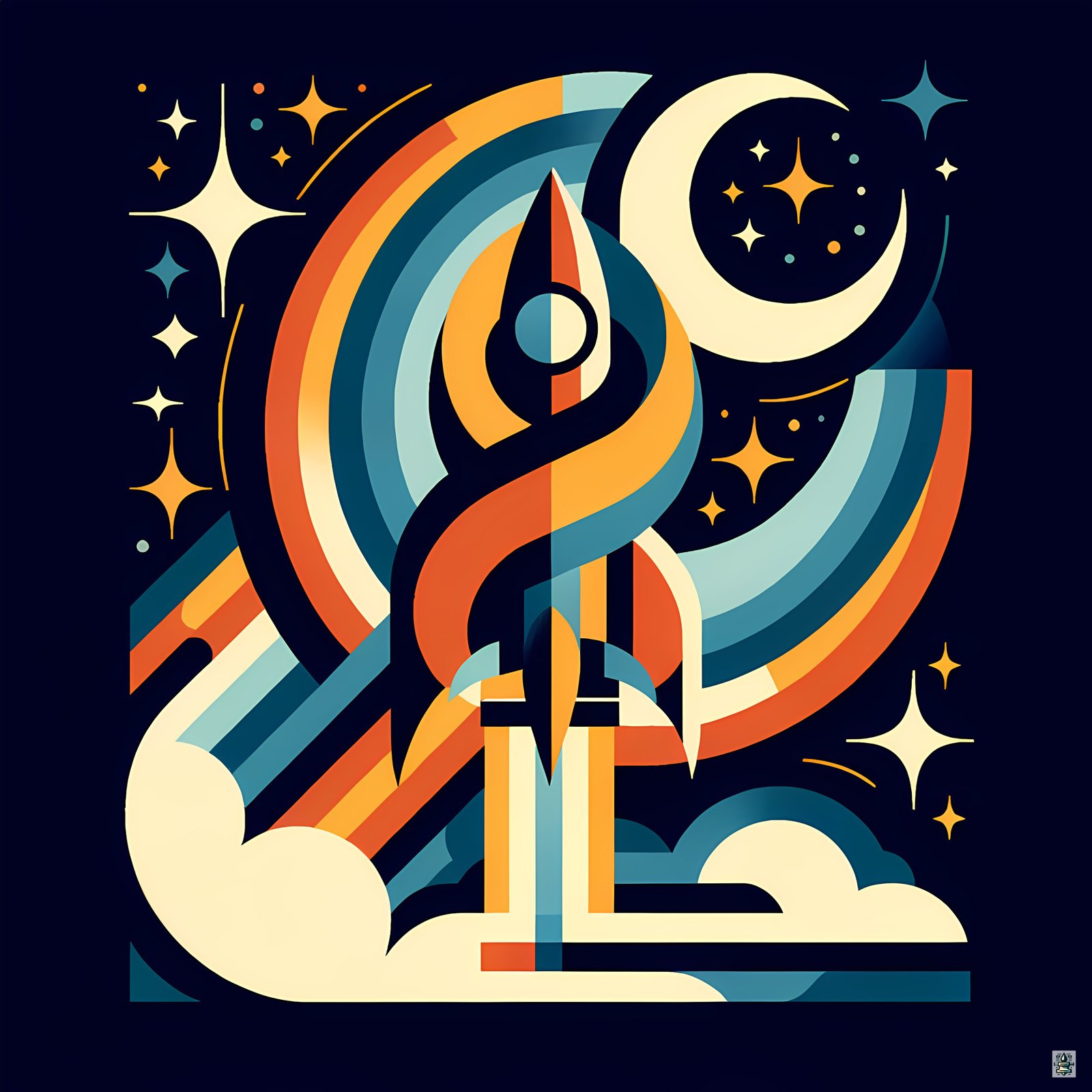 Retro Rocket Launch with Rainbow Trails