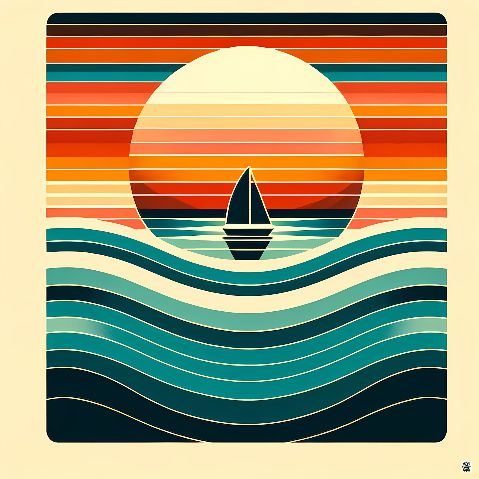 Retro Sailboat Sunset with Striped Waves