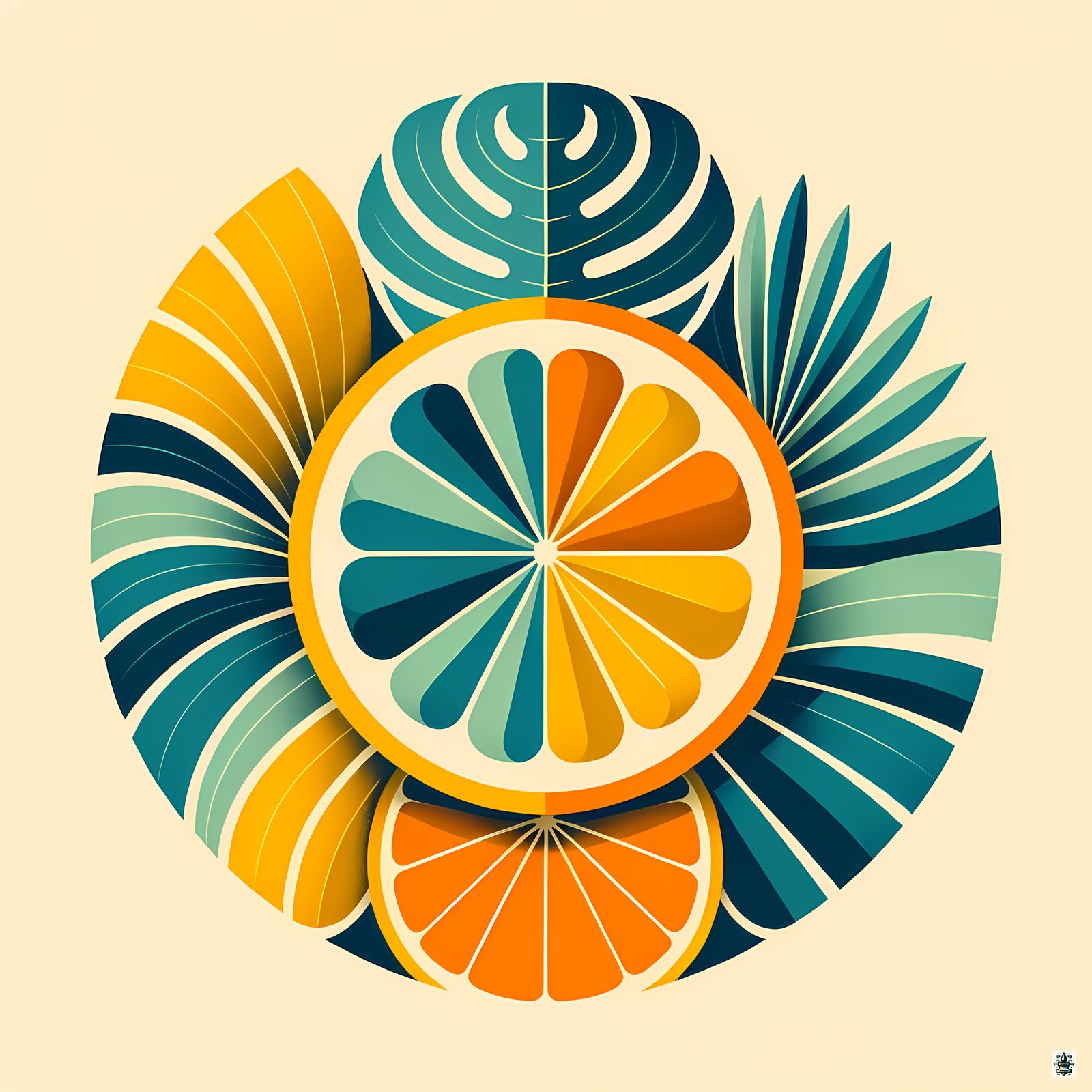 Geometric Citrus Slice with Tropical Leaves