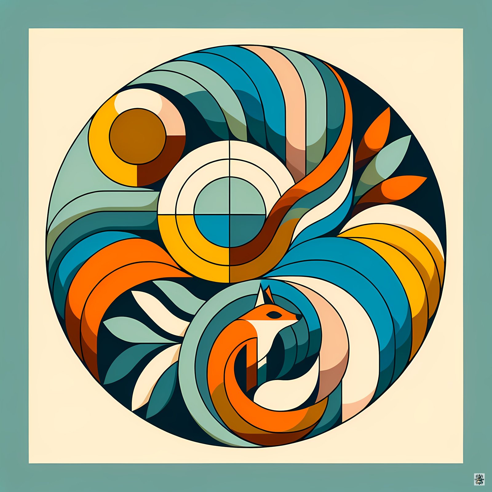 Geometric Fox in Abstract Botanical Circle