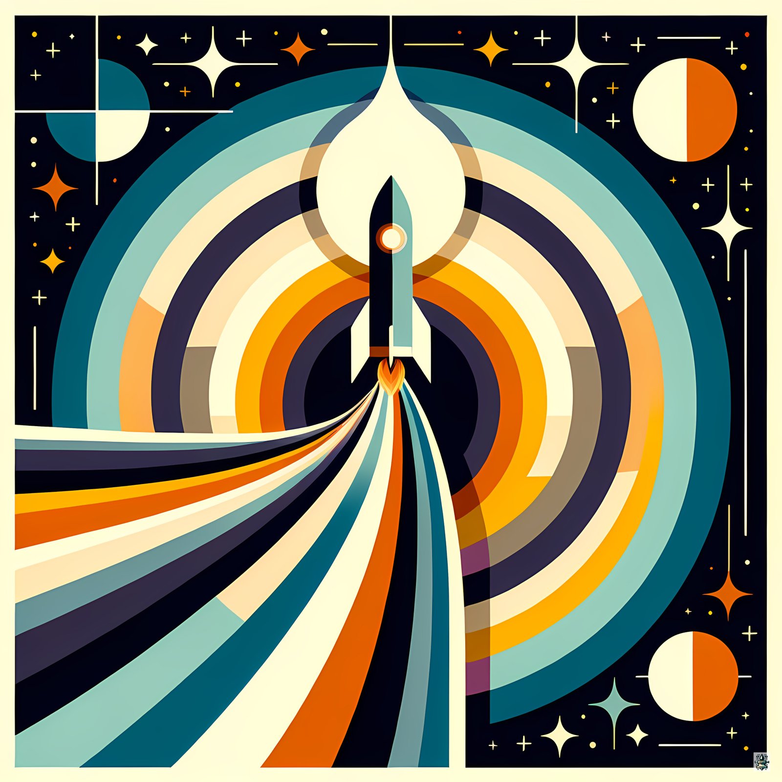 Retro Rocket Launch Geometric Space Illustration