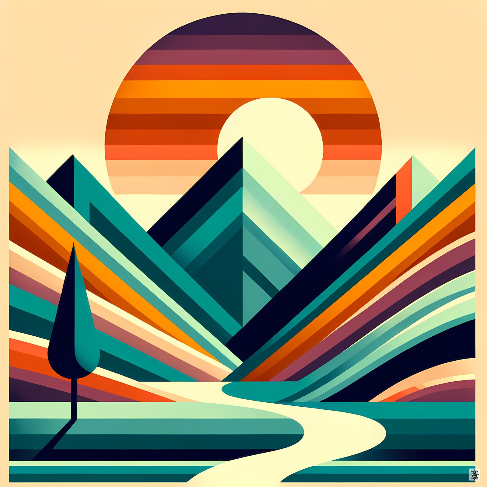 Geometric Mountain Sunset Landscape