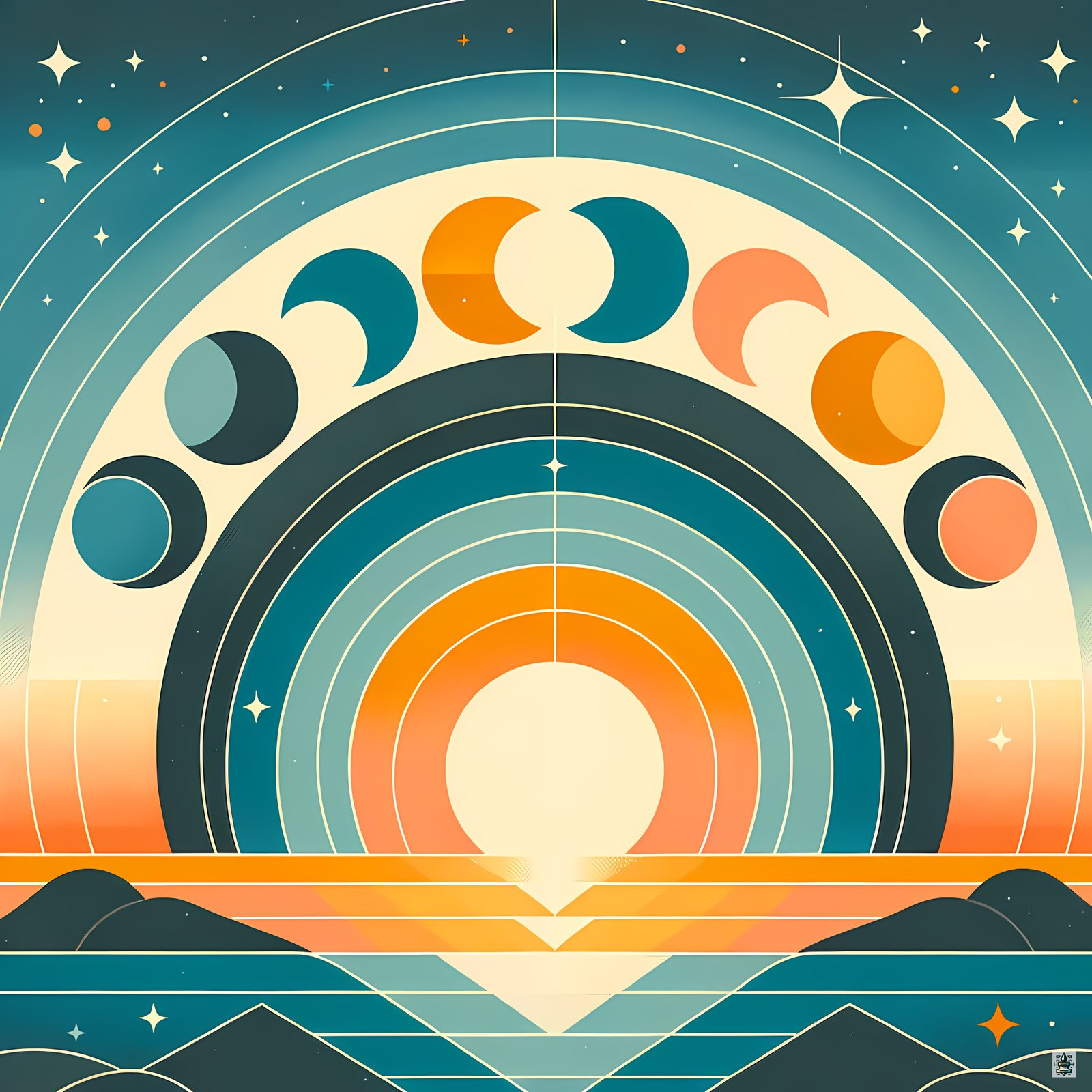 Geometric Moon Phases Over Retro Sunrise