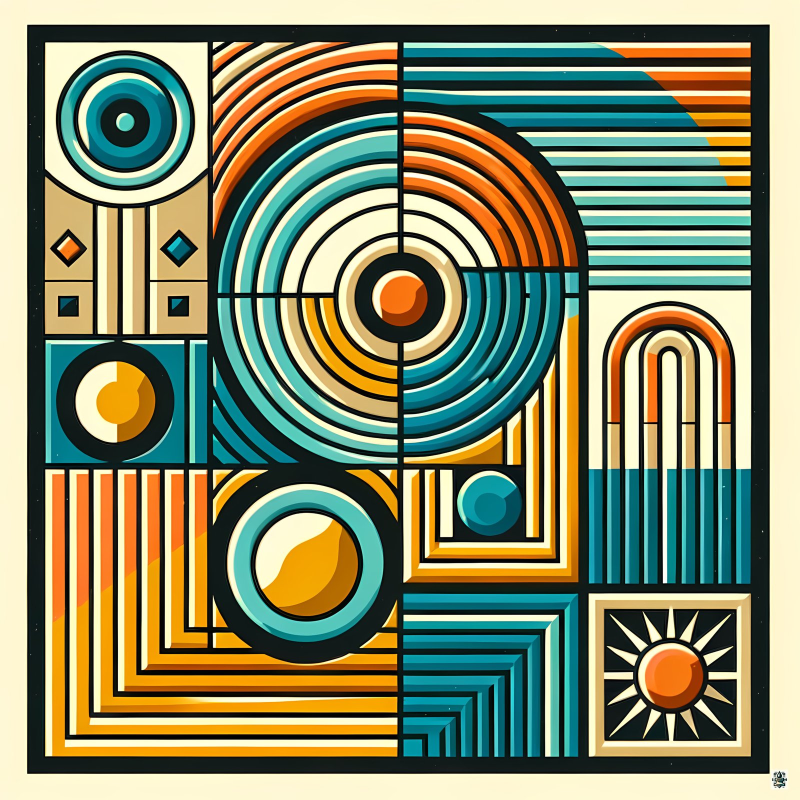 Retro Geometric Circles and Stripes Abstract Grid