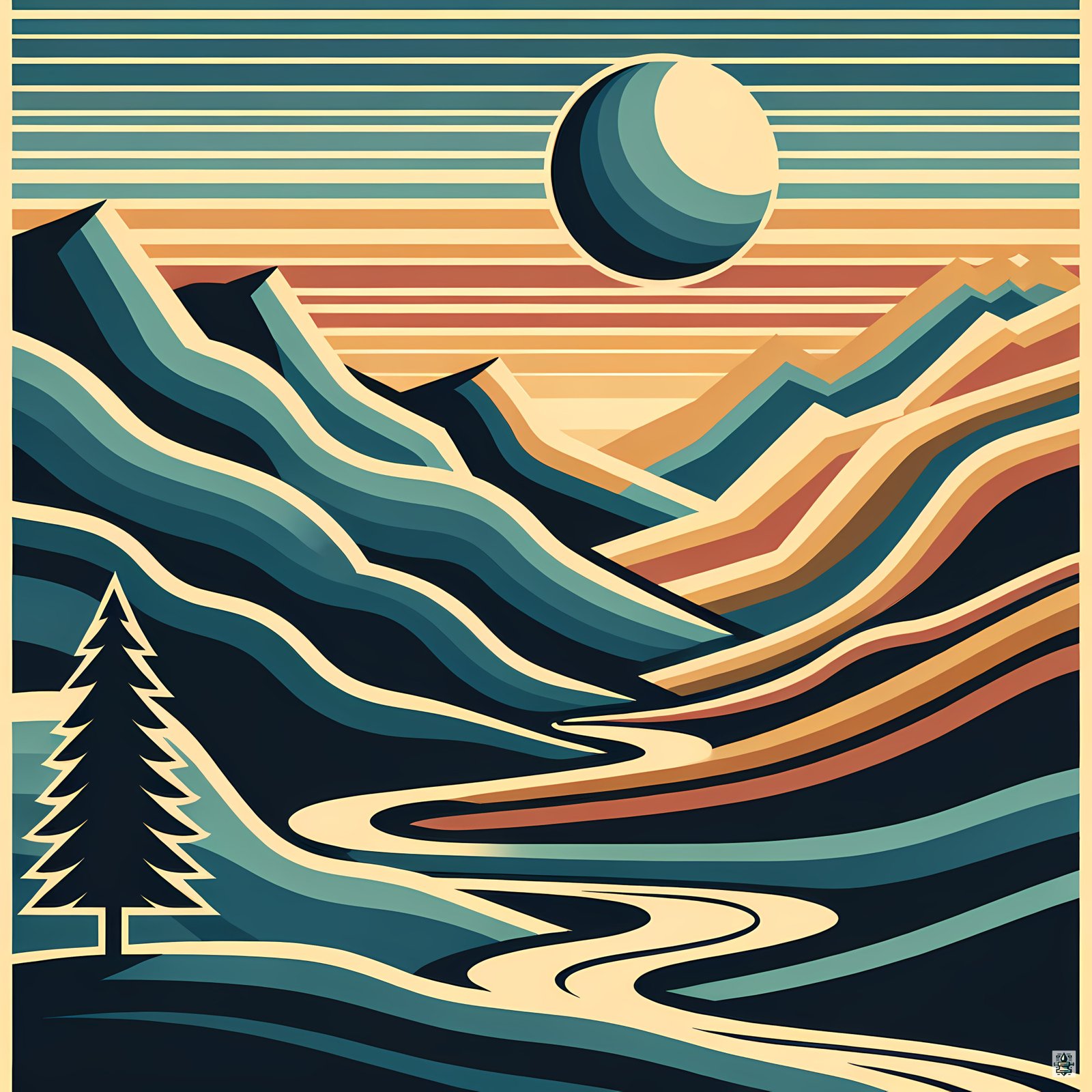 Geometric Mountain Valley with Sun and River