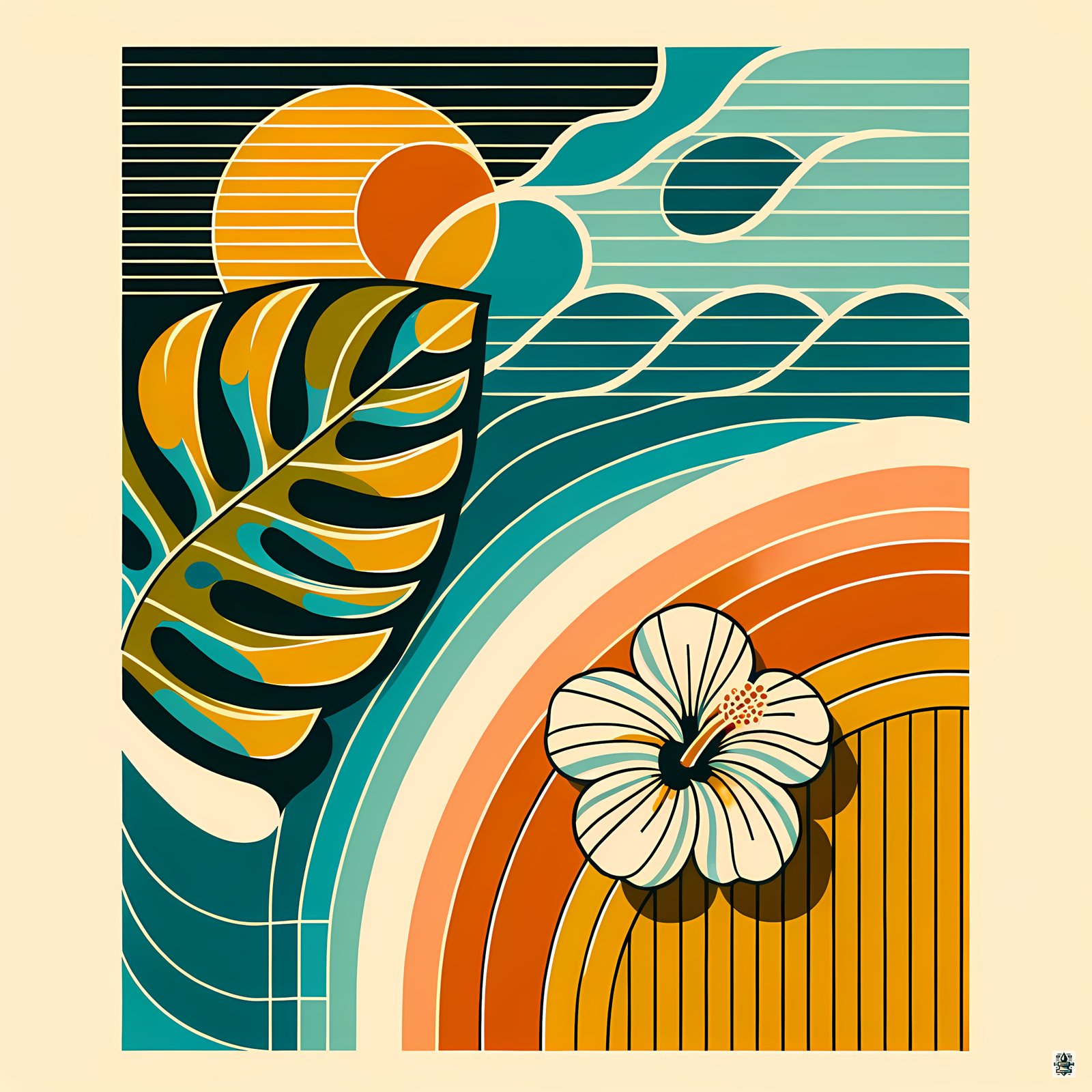 Abstract Botanical Leaf and Hibiscus Sunset