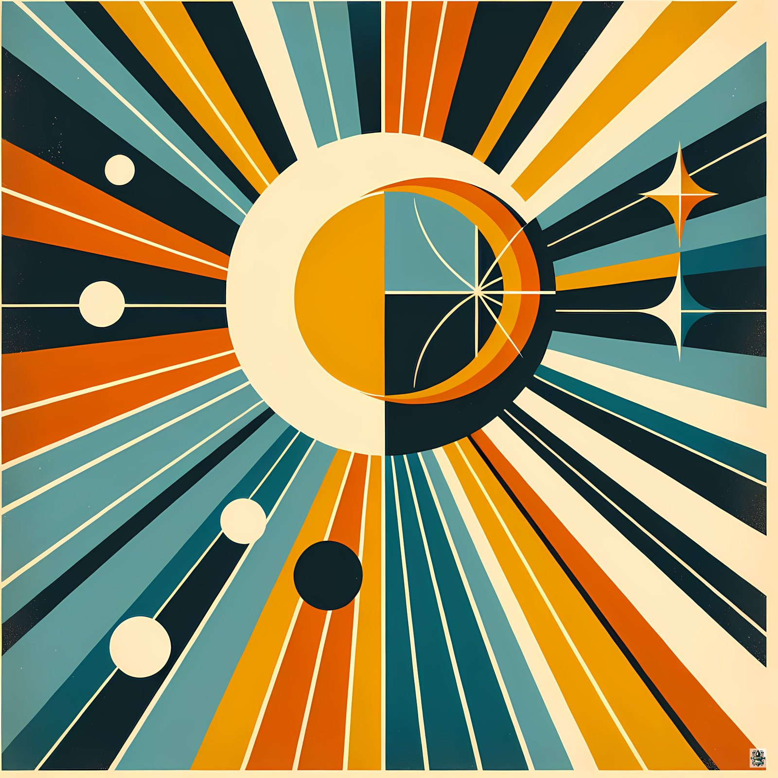 Geometric Sun and Moon Rays Retro Space Design