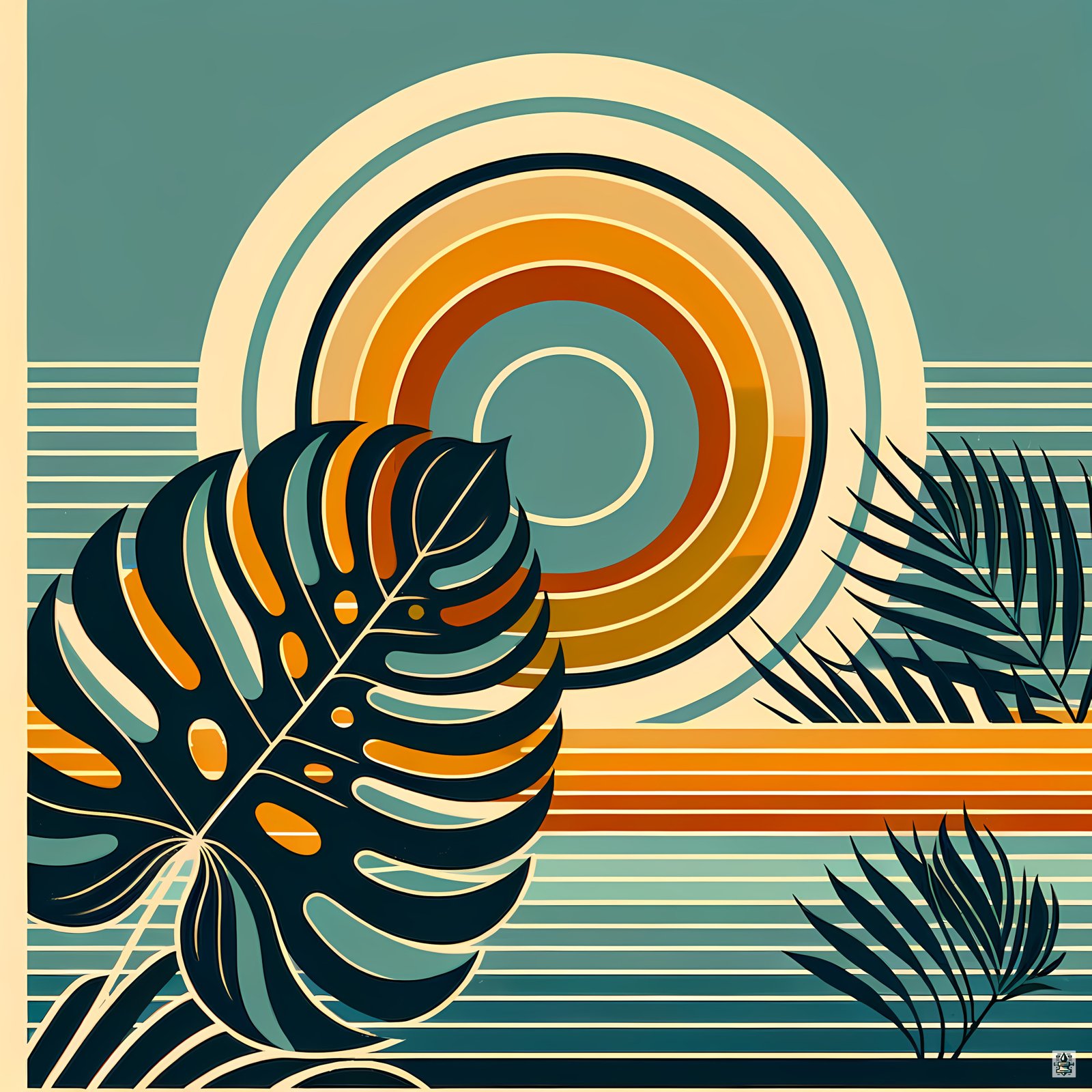 Geometric Monstera Sunset in Teal and Orange