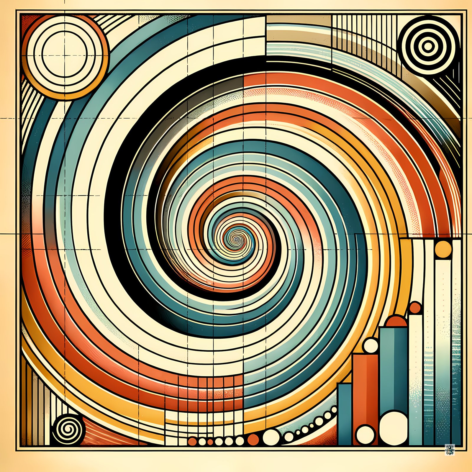 Retro Geometric Spiral Abstract in Teal and Orange