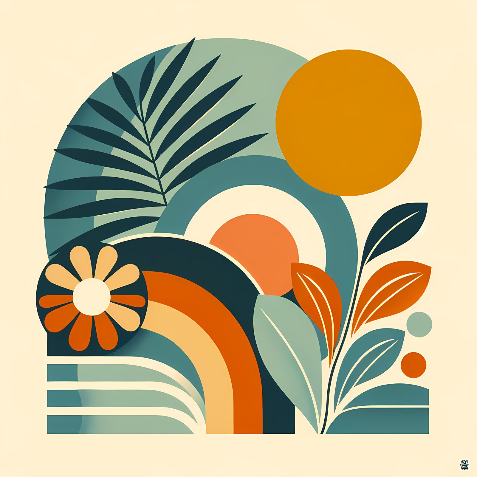 Abstract Botanical Shapes with Sun and Leaves