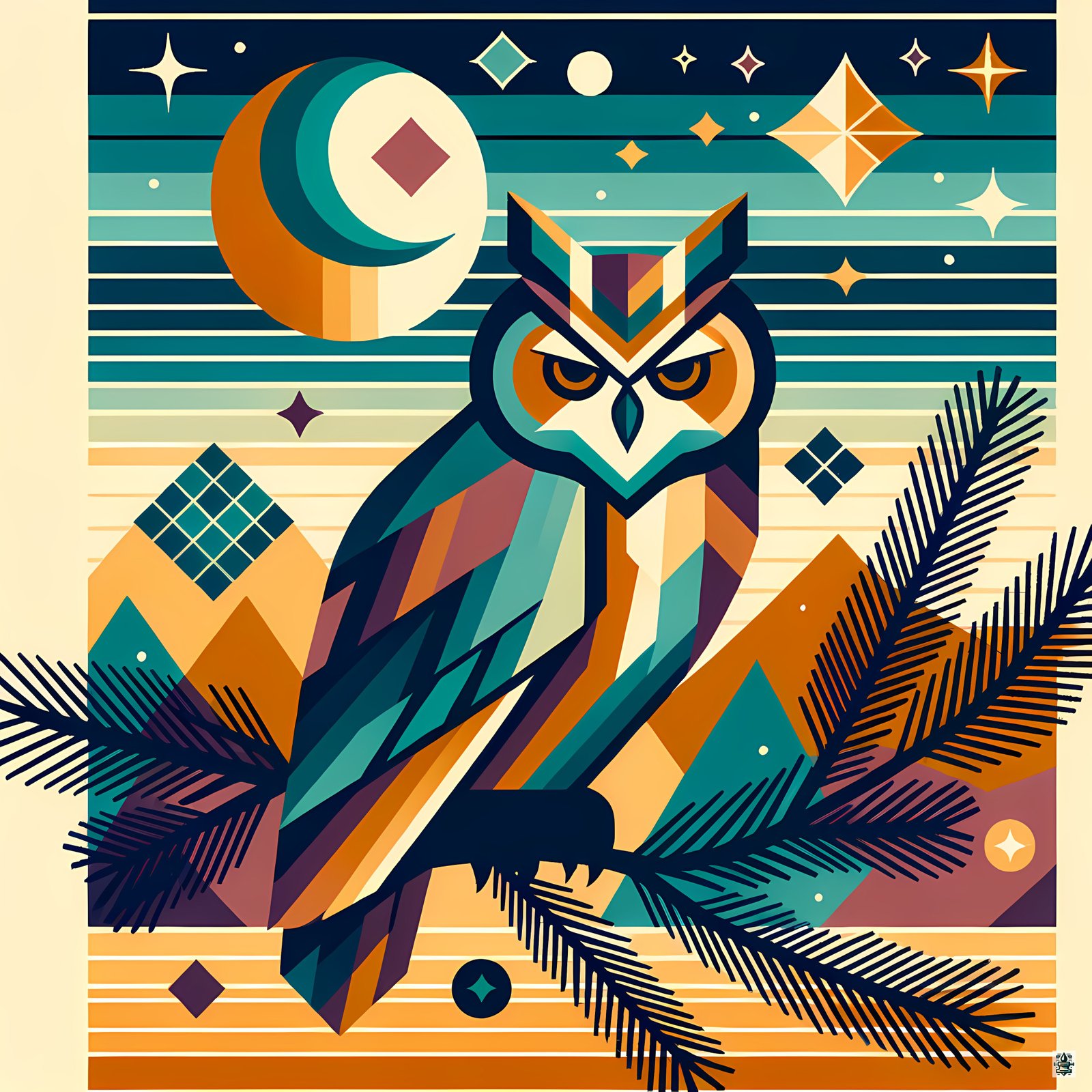 Geometric Owl Under Moon and Stars