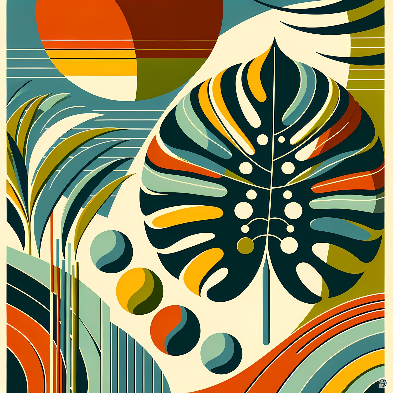 Abstract Monstera Leaf with Geometric Sun Shapes