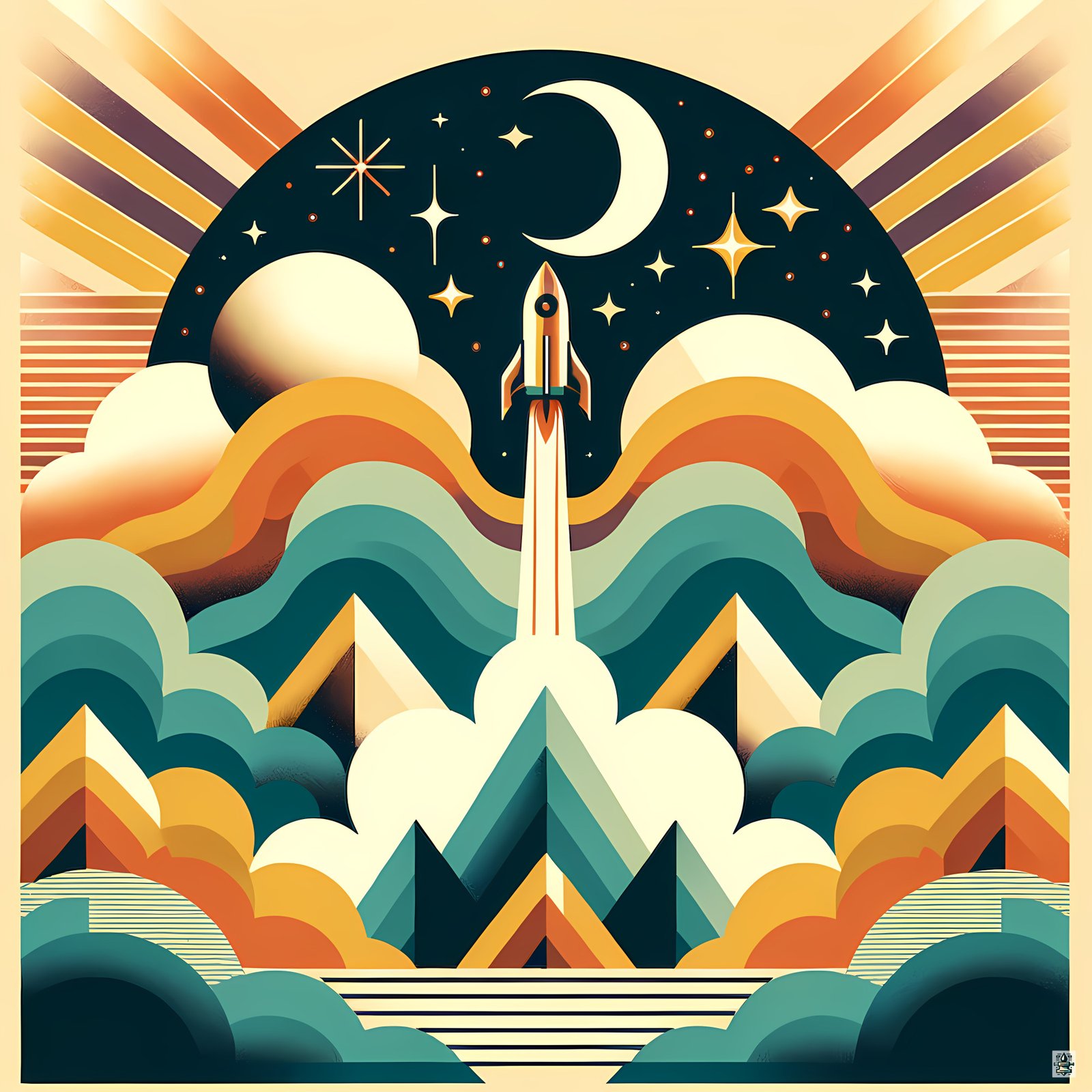 Retro Rocket Launch Over Mountains and Stars