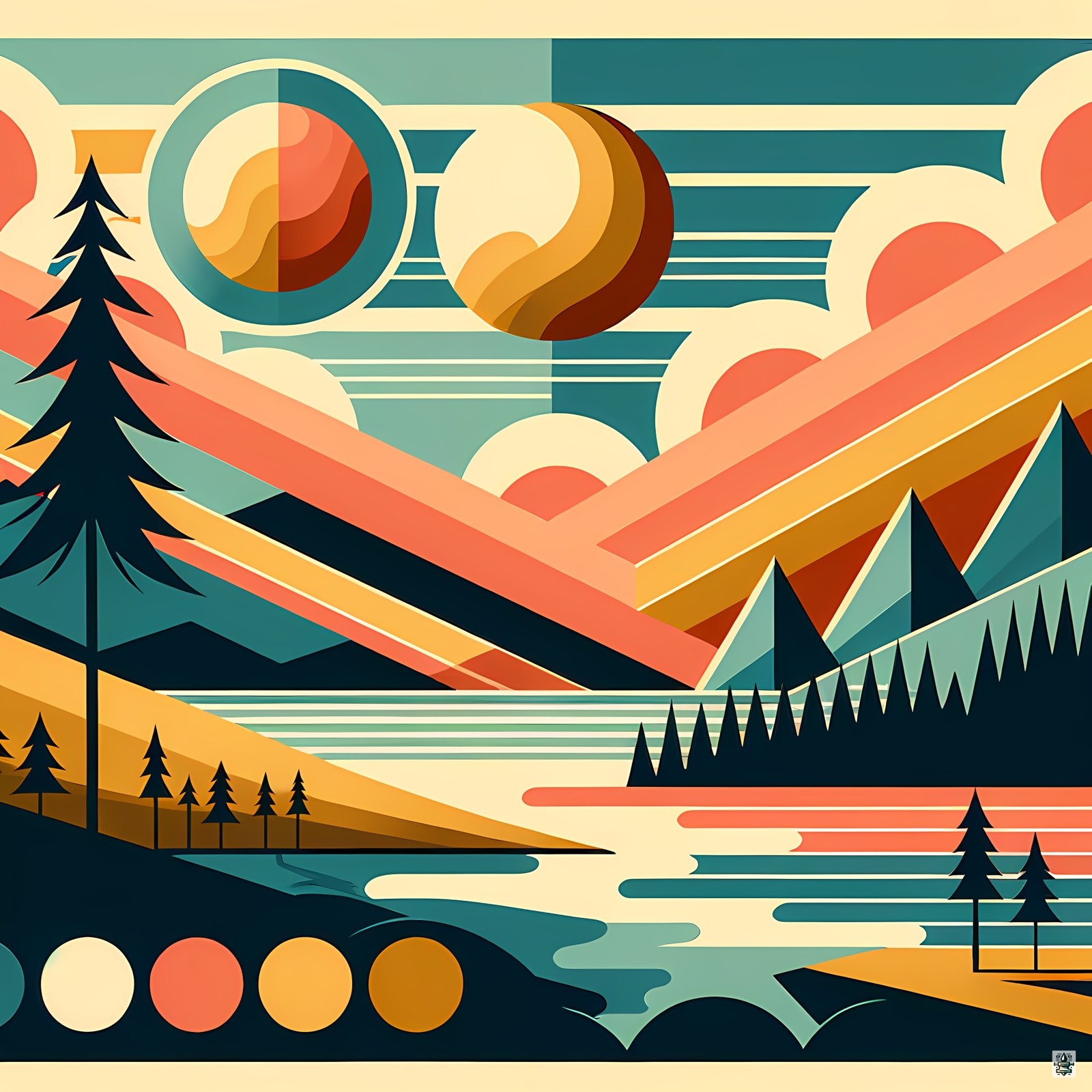Geometric Mountains and Sun Over Lake