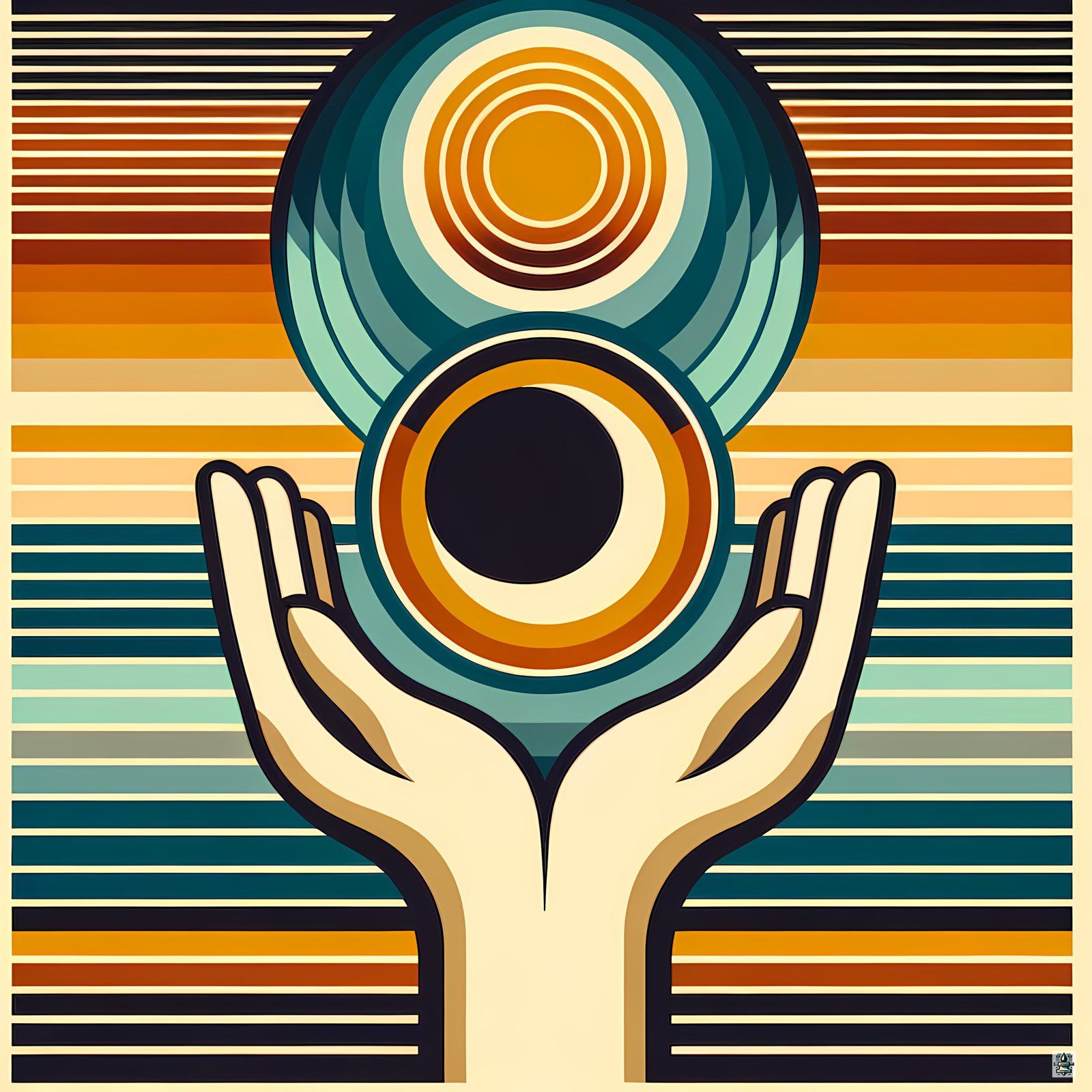 Retro Geometric Hands Holding Sun and Moon