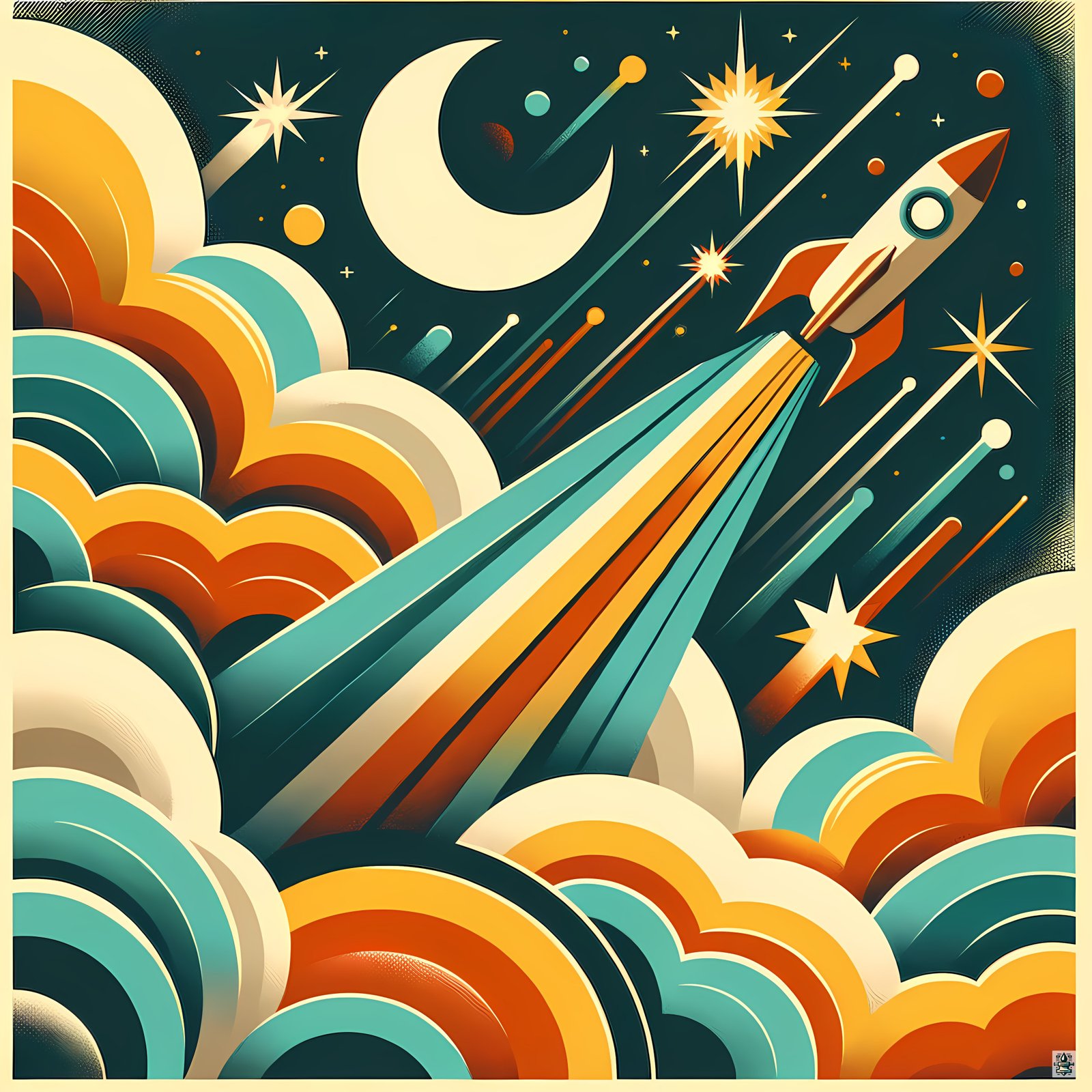 Retro Rocket Launch Through Clouds and Stars