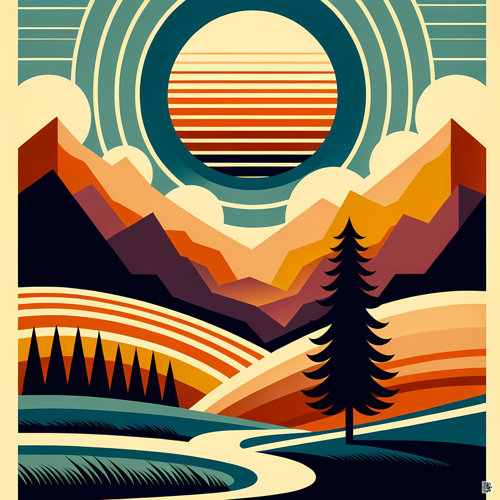 Geometric Mountain Sunrise Landscape