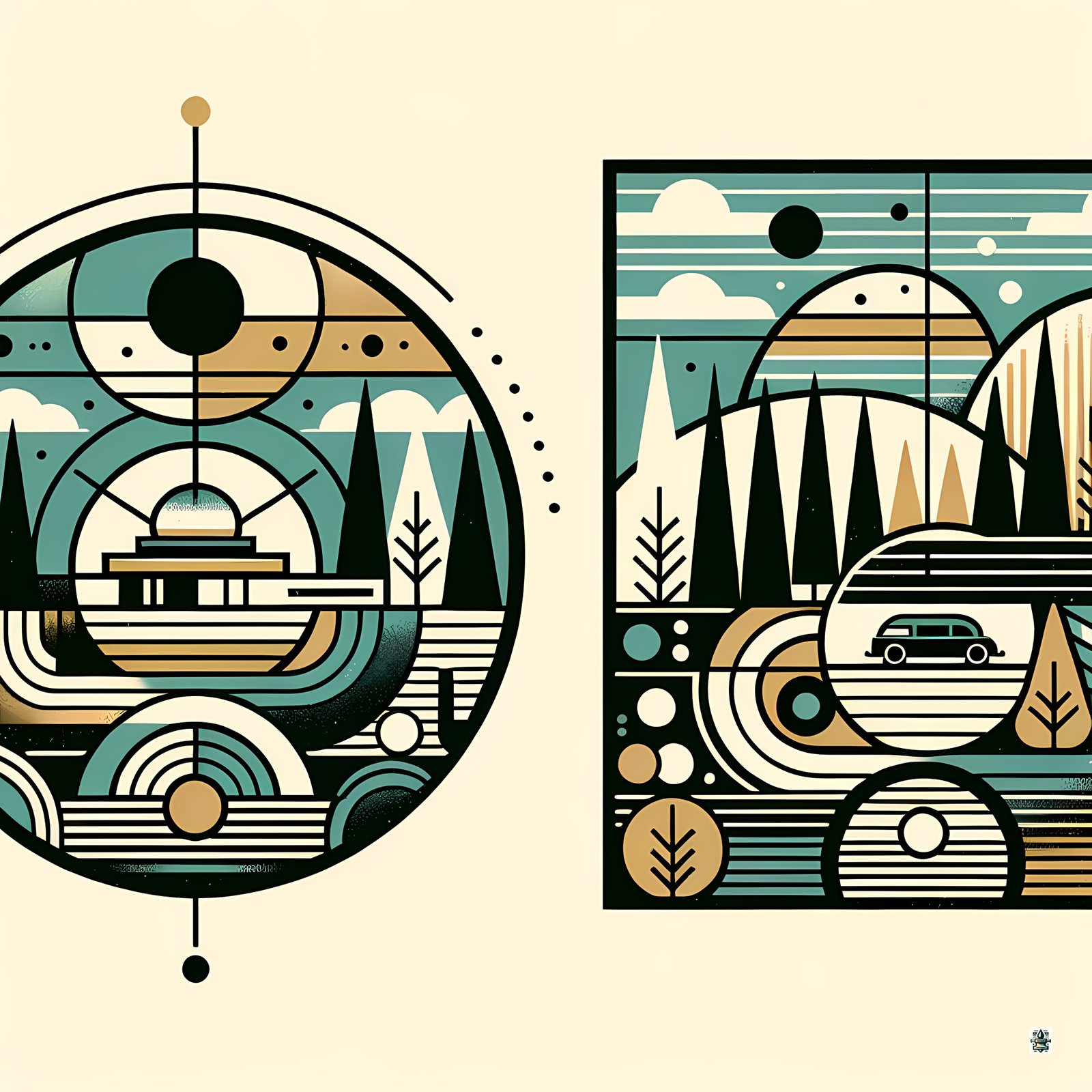 Mid Century Modern Geometric Mountain Landscape