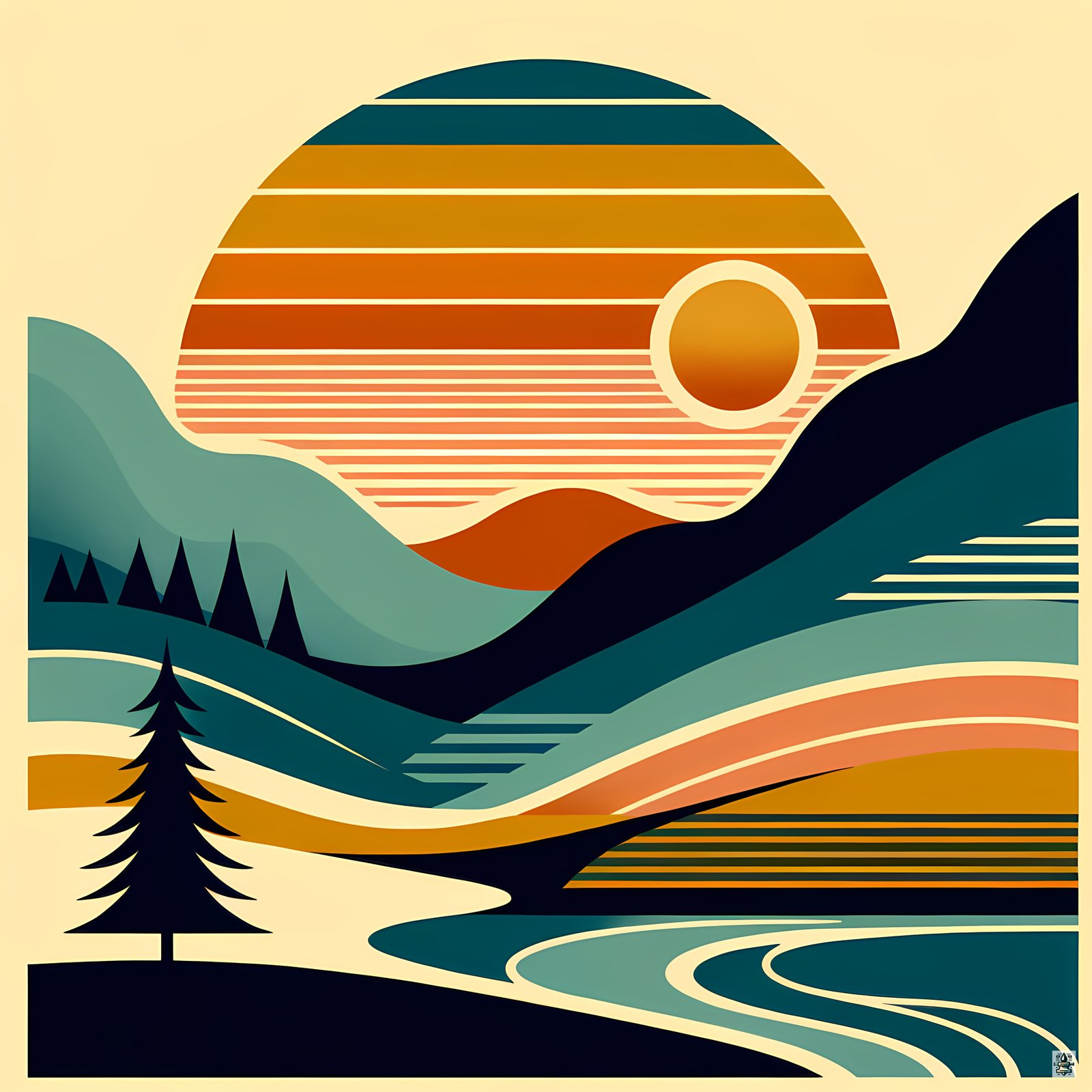 Geometric Sun Over Layered Mountains