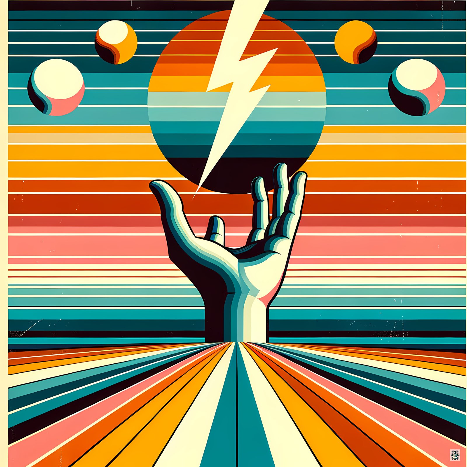 Retro Lightning Bolt Over Hand and Striped Sun