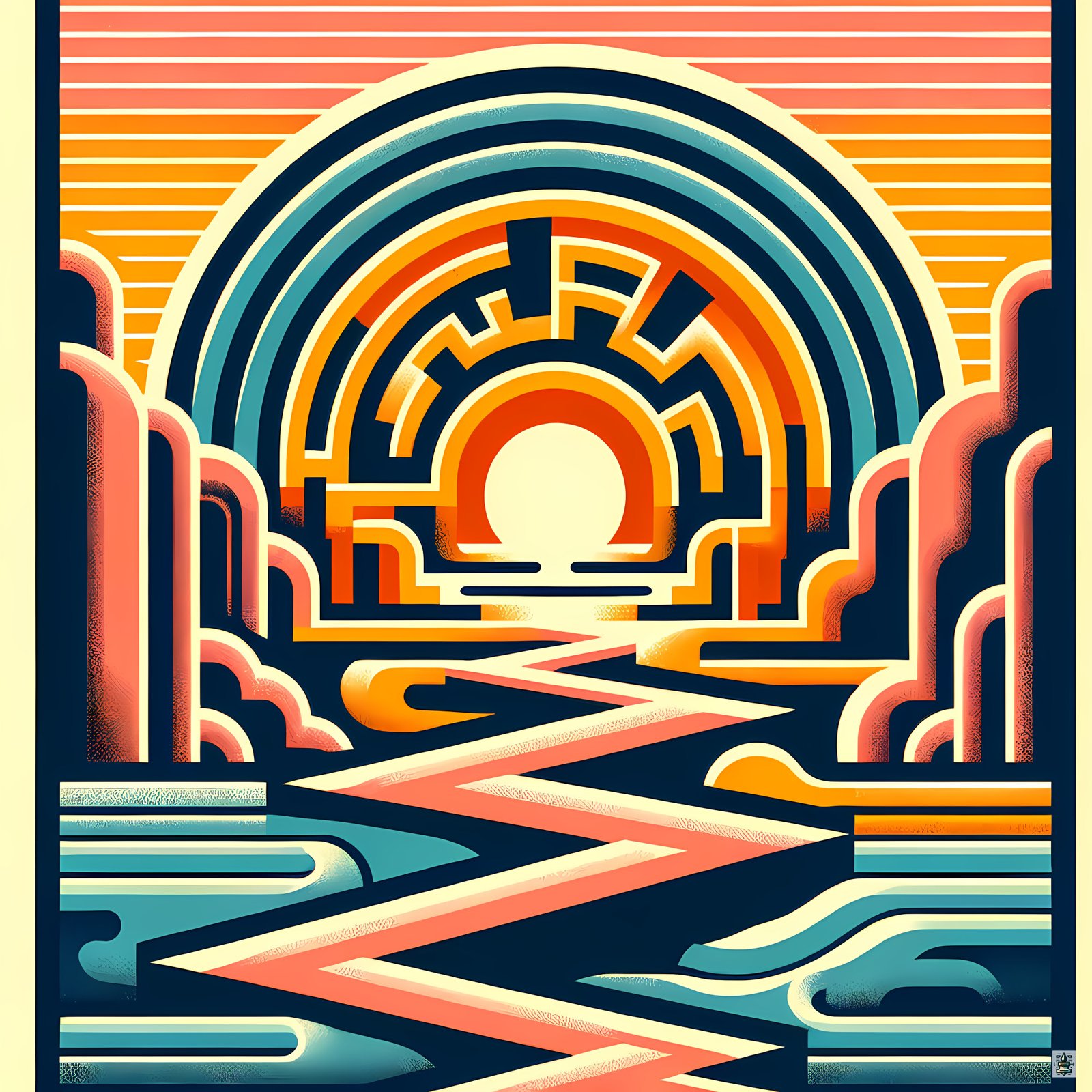 Geometric Sunset Over Zigzag River Canyon