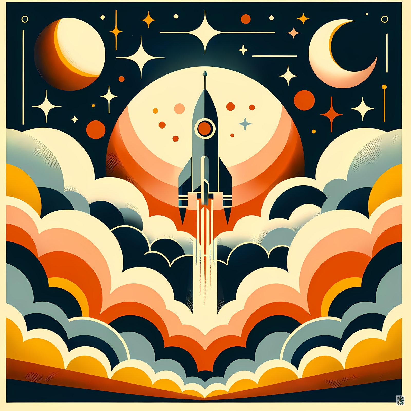 Retro Rocket Launch in Starry Night Sky