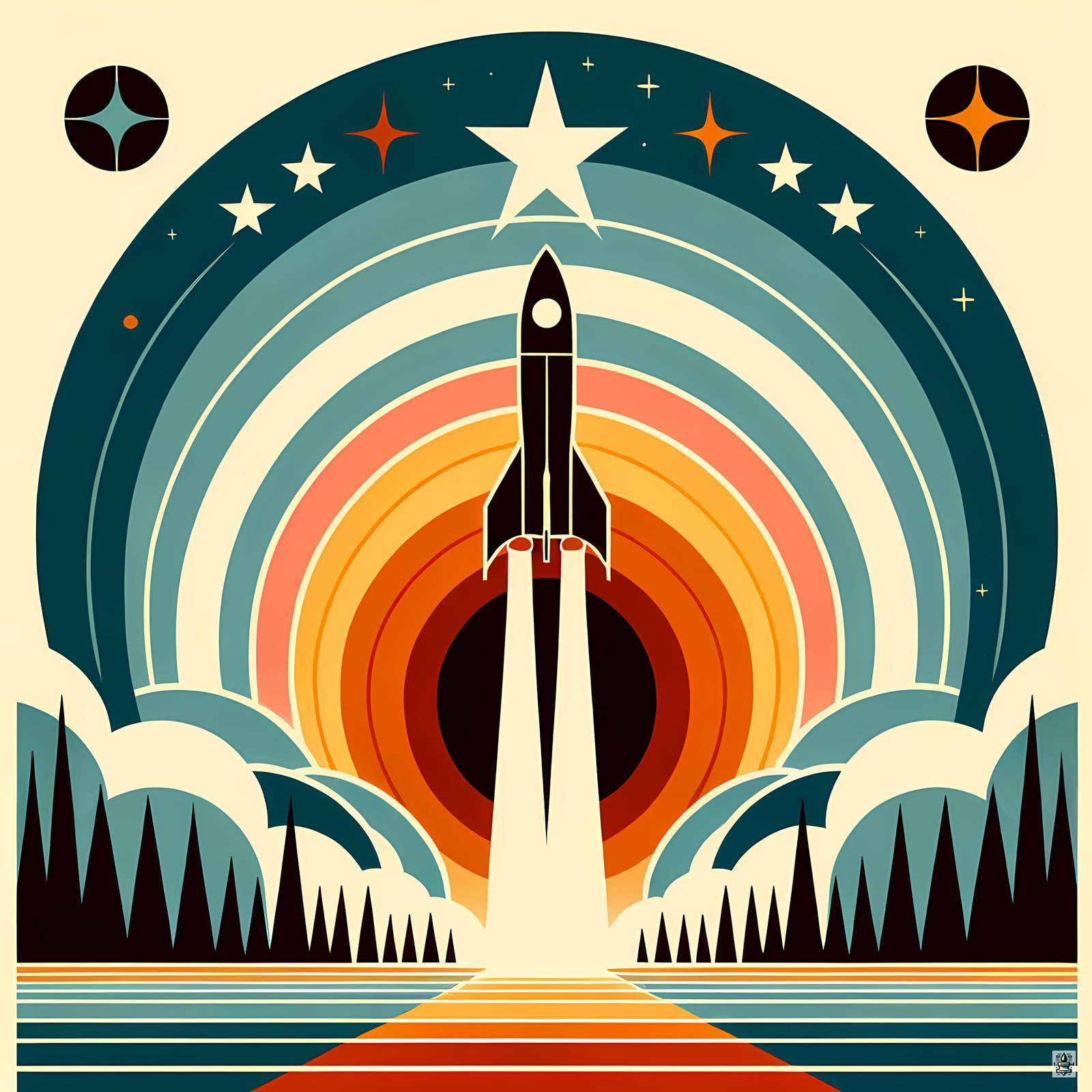 Retro Rocket Launch Geometric Space Scene