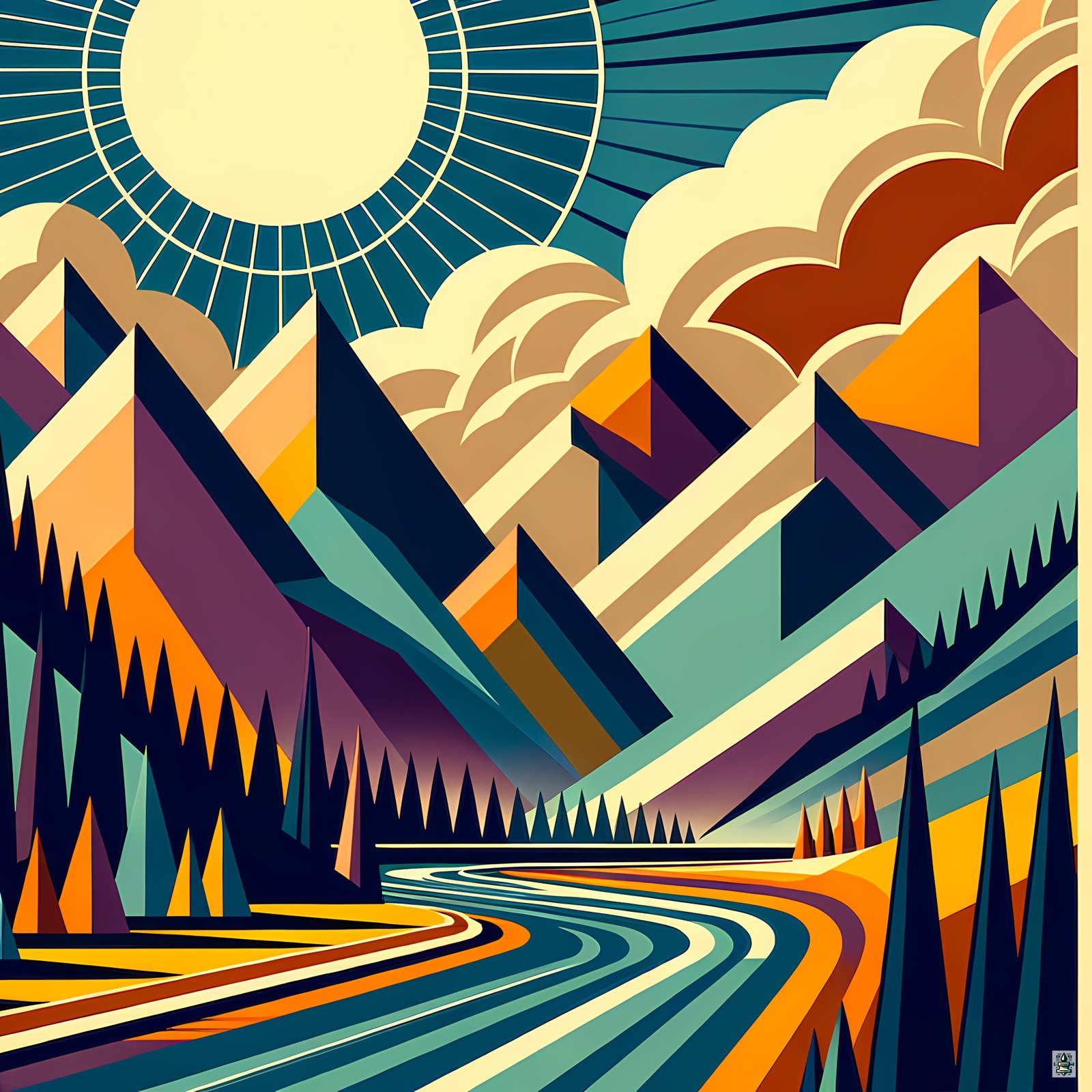 Geometric Mountain Valley with Sunburst Sky