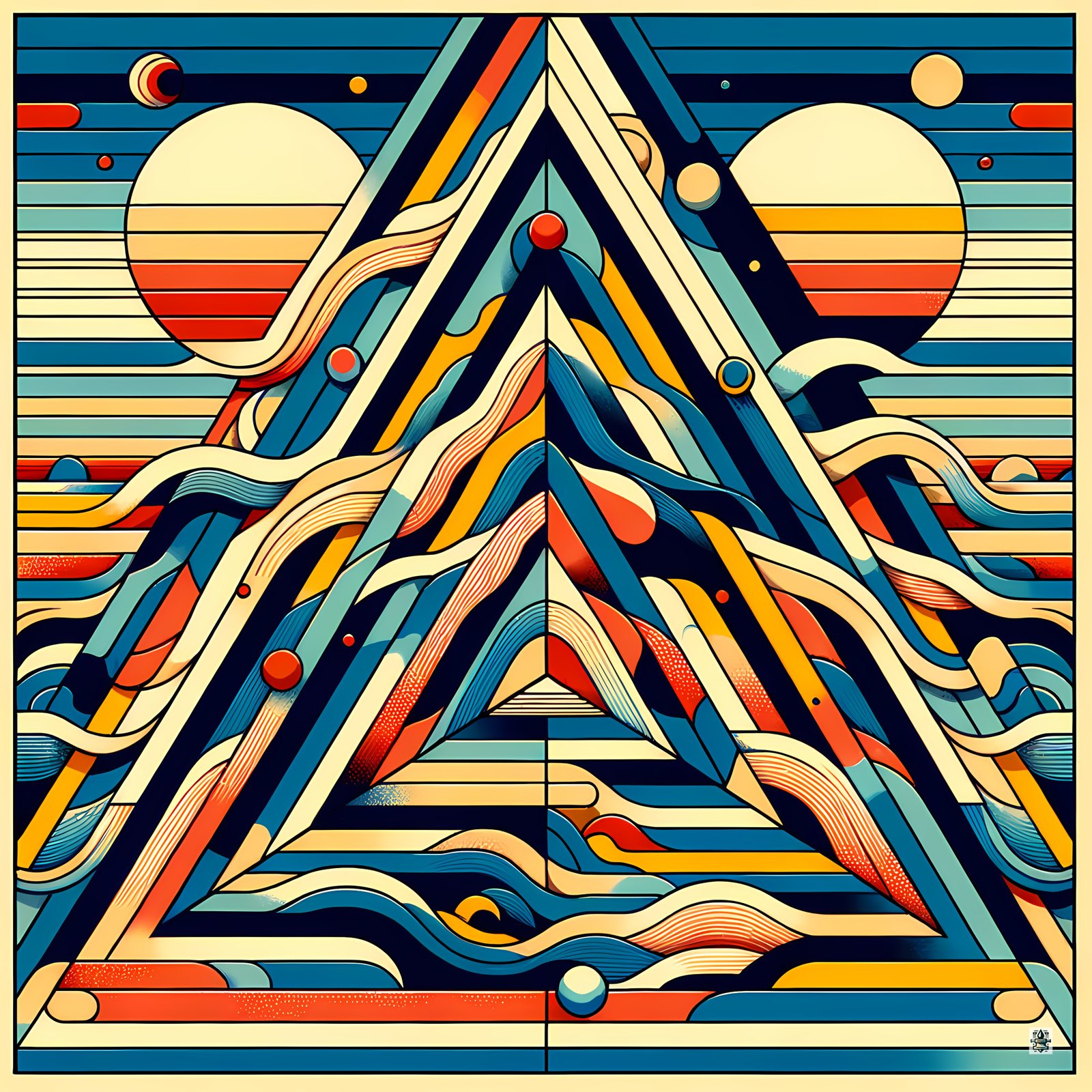 Retro Geometric Mountain Art with Sun and Waves