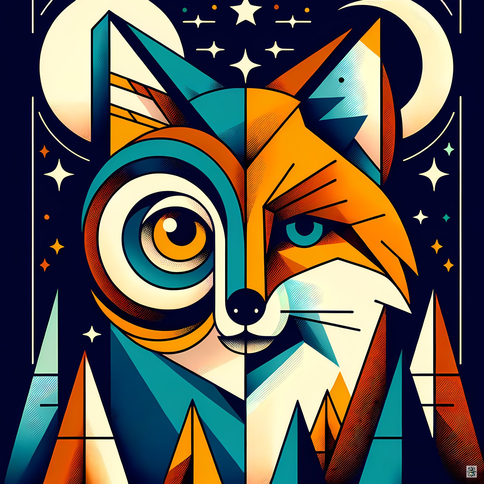 Geometric Fox and Owl Night Portrait