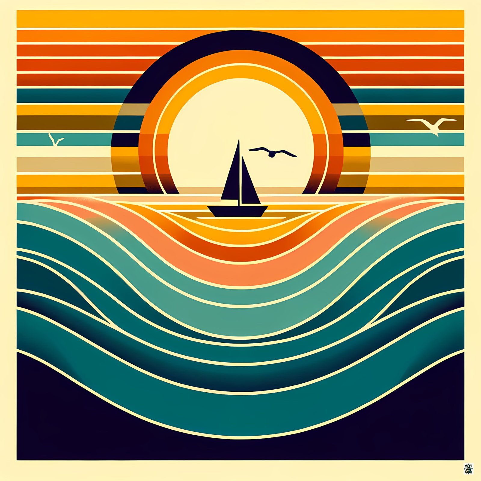 Geometric Sunset Sailboat Over Colour-Block Waves