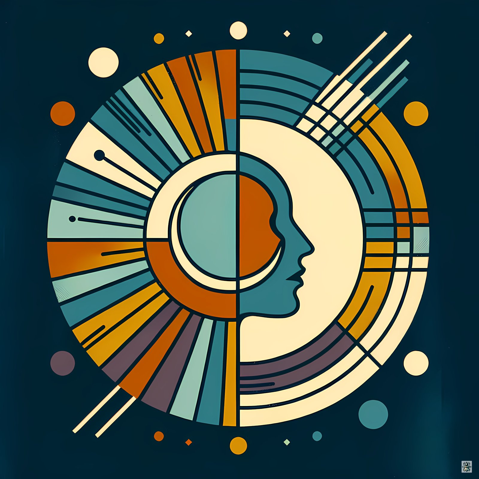 Geometric Moon Face in Retro Space Circles