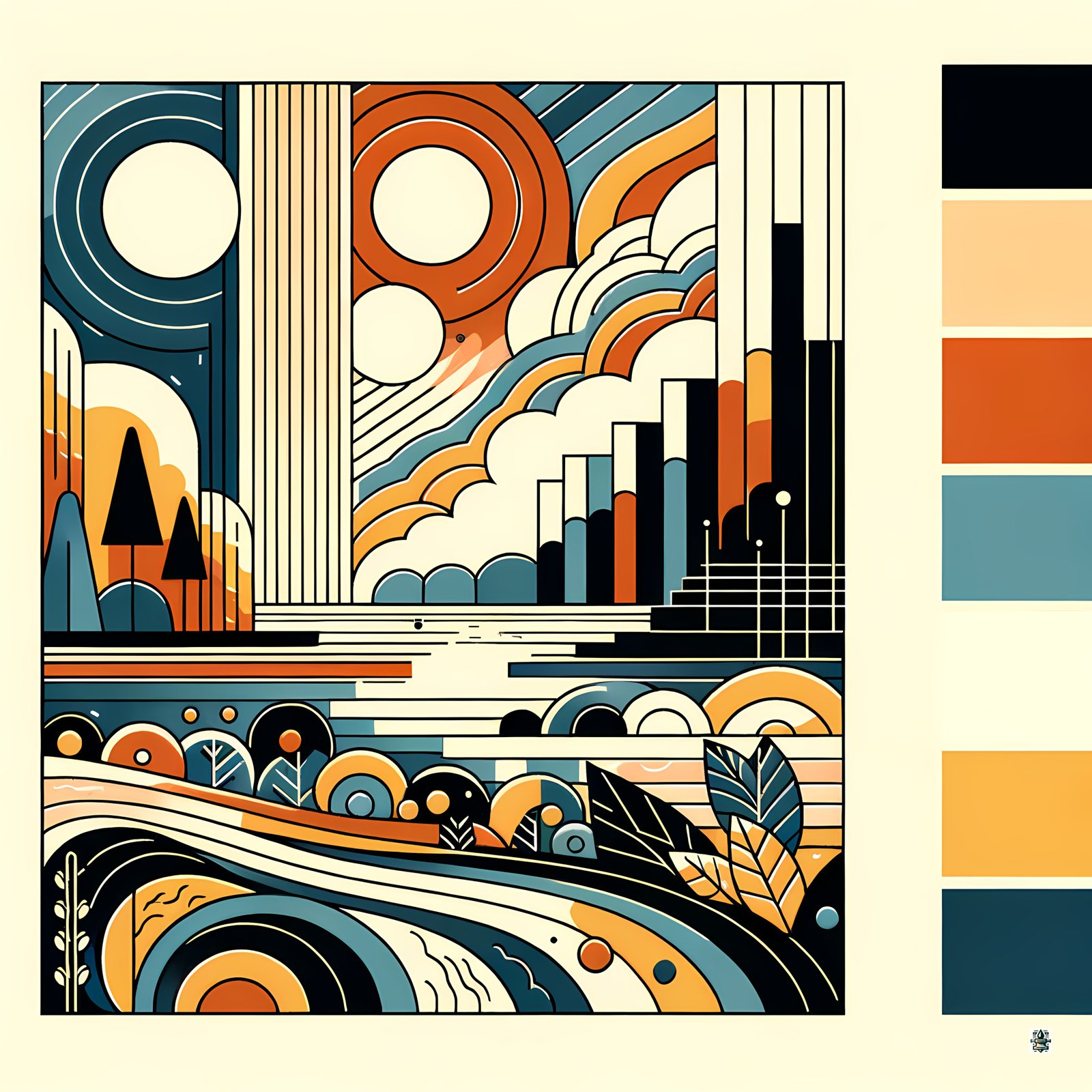 Retro Geometric Landscape with Bold Colours