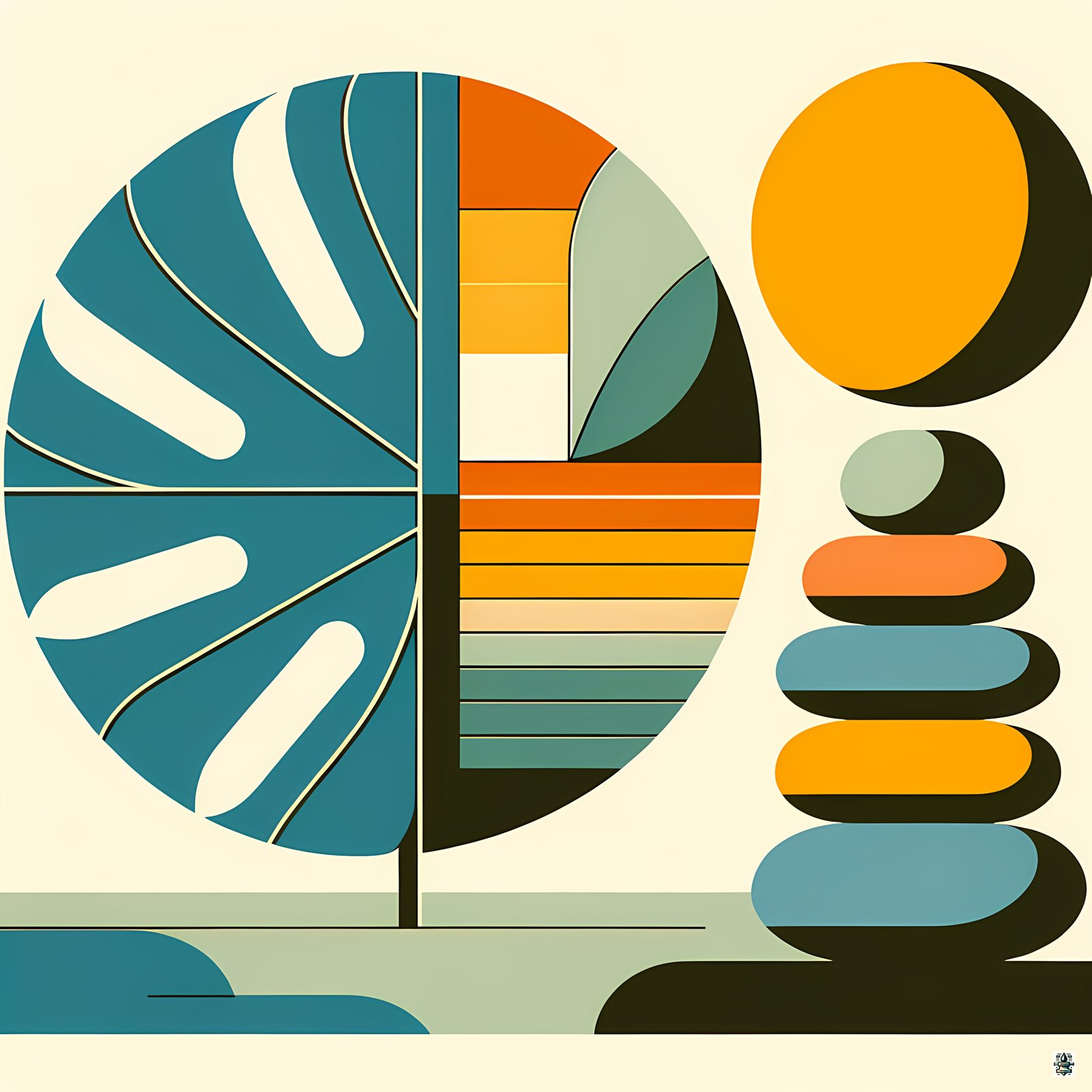 Geometric Monstera Leaf and Stacked Stones