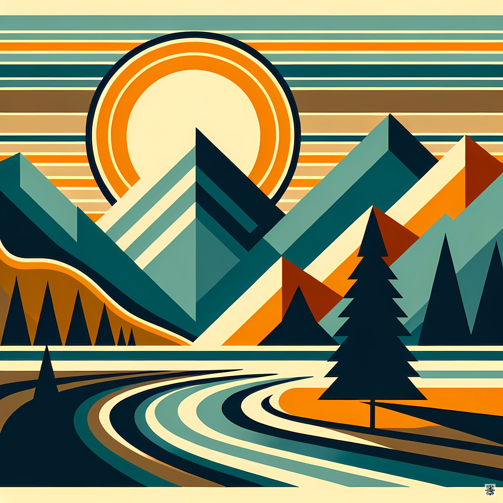 Geometric Mountain Peaks with Sun and Pine Trees